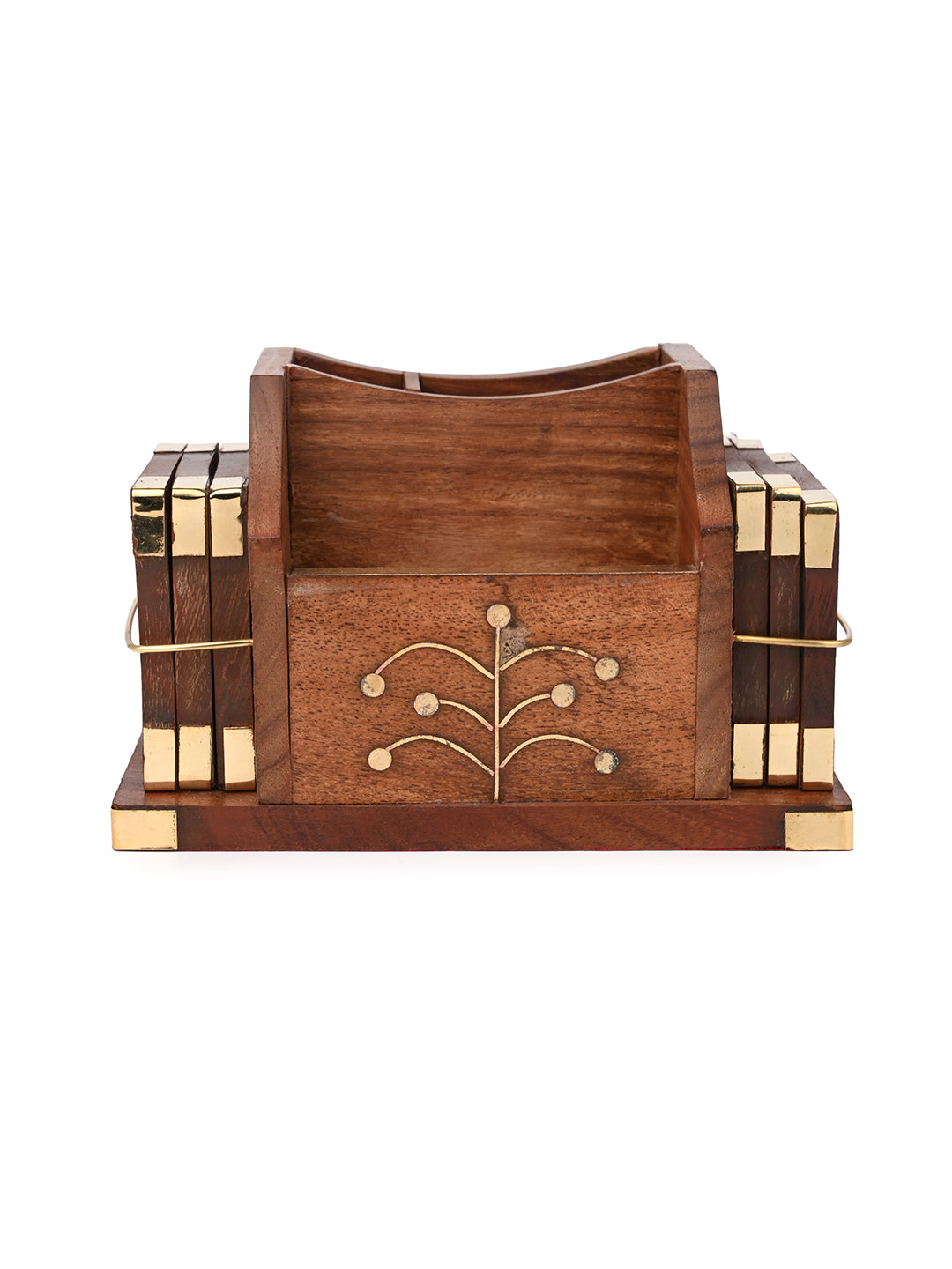 Sheesham wood and brass crafted cutlery holder with set of 6 coasters