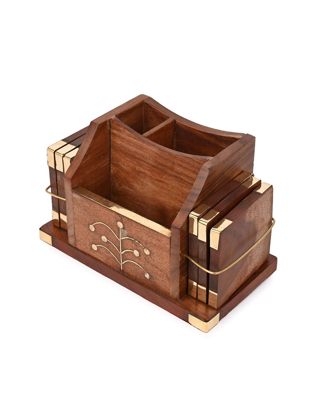 Sheesham wood and brass crafted cutlery holder with set of 6 coasters