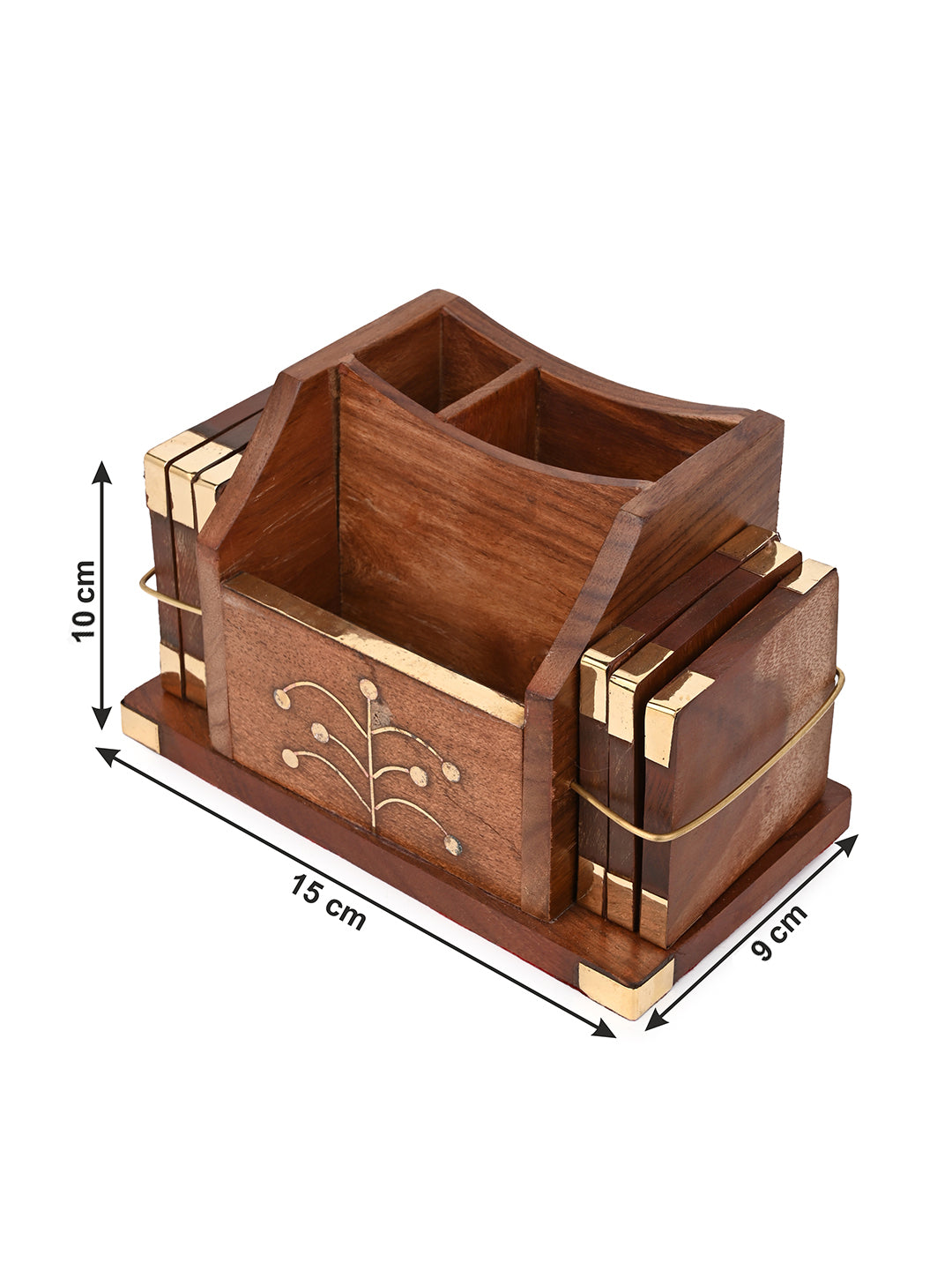 Sheesham wood and brass crafted cutlery holder with set of 6 coasters
