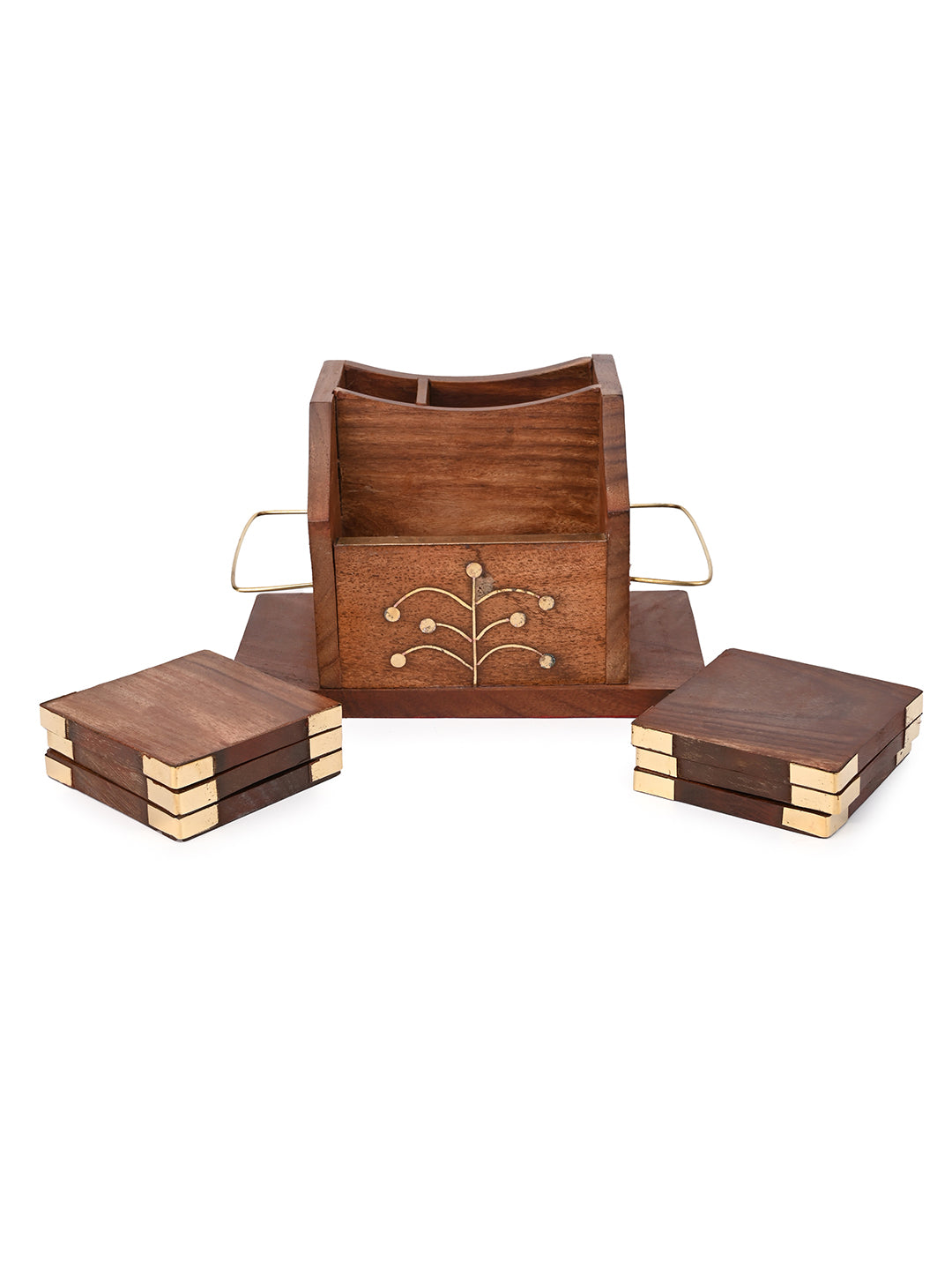 Sheesham wood and brass crafted cutlery holder with set of 6 coasters