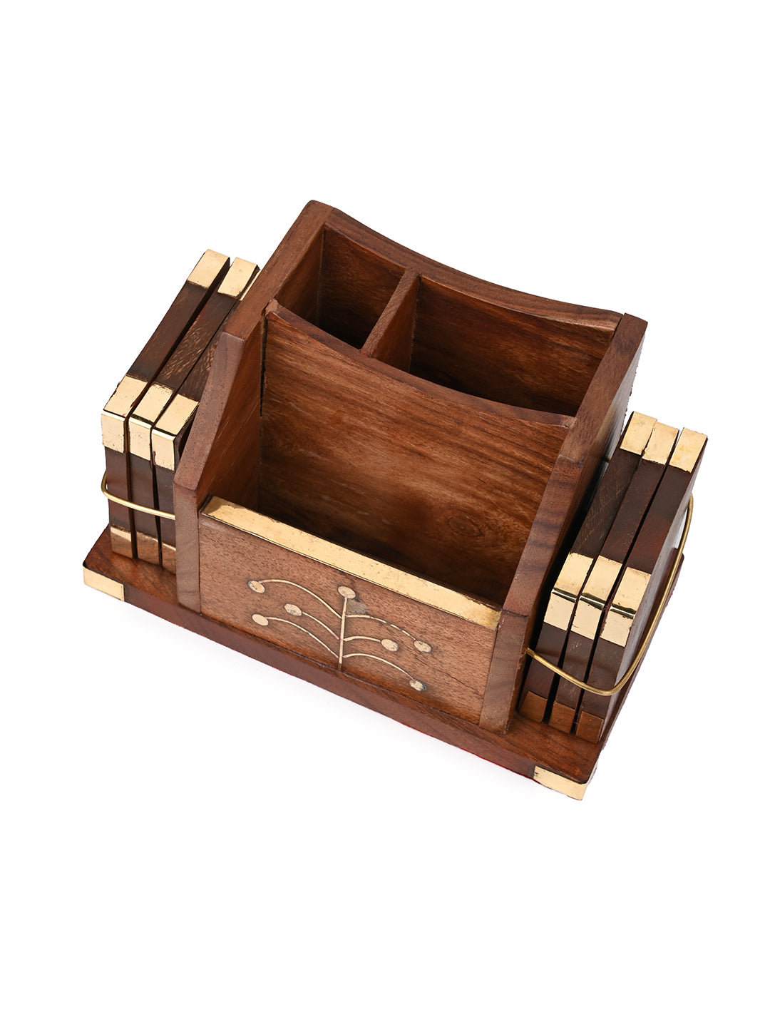 Sheesham wood and brass crafted cutlery holder with set of 6 coasters