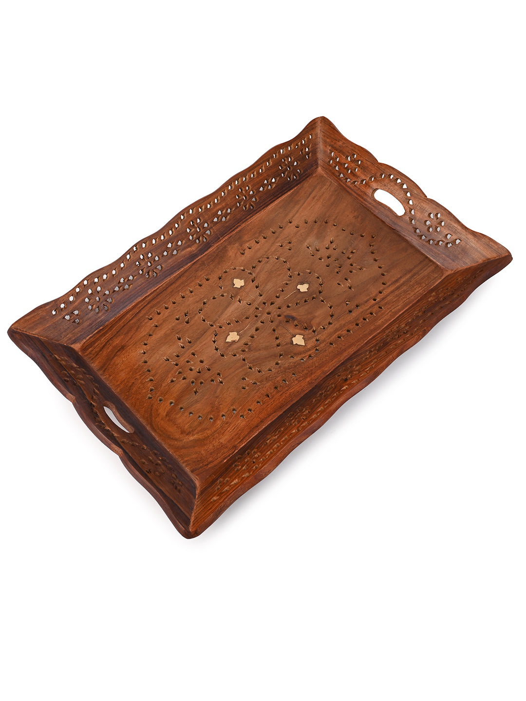 Sheesham wood jali carving tray with brass inlay work - 14x10 inches