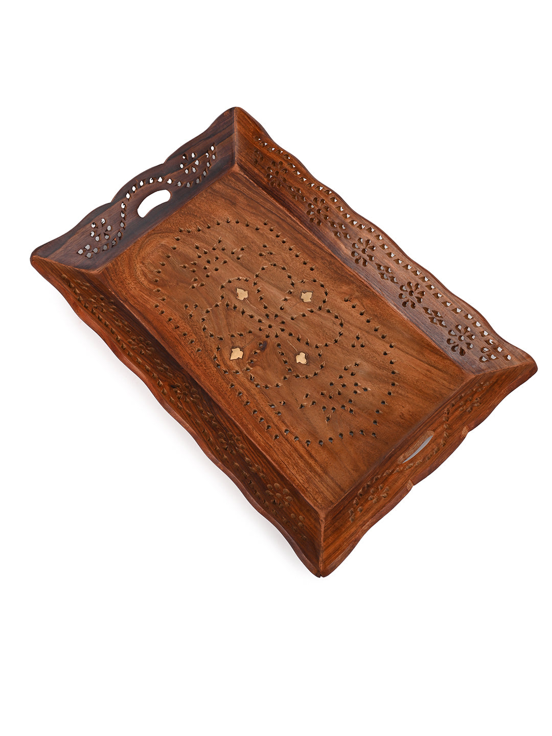 Sheesham wood jali carving tray with brass inlay work - 14x10 inches