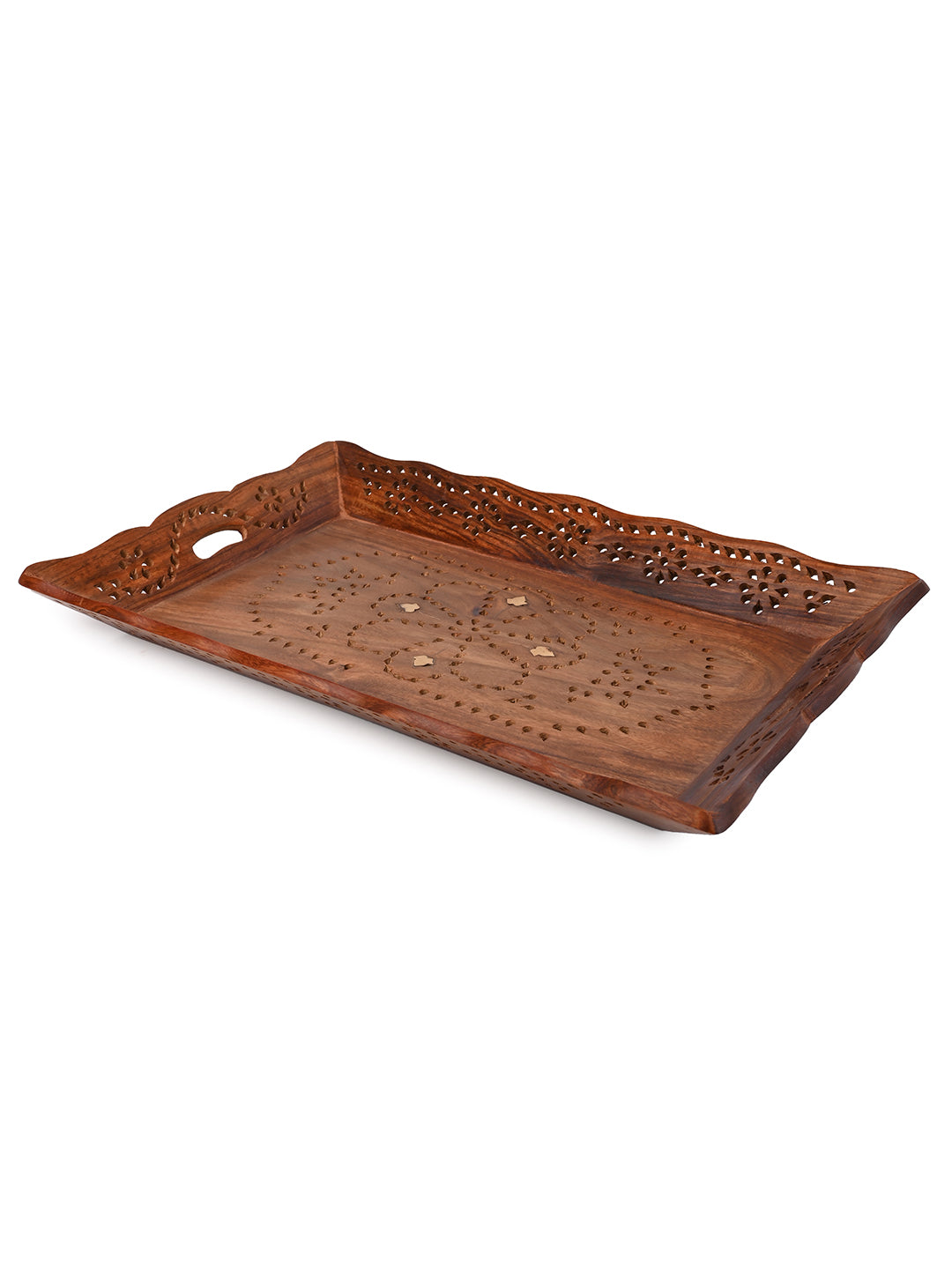 Sheesham wood jali carving tray with brass inlay work - 14x10 inches