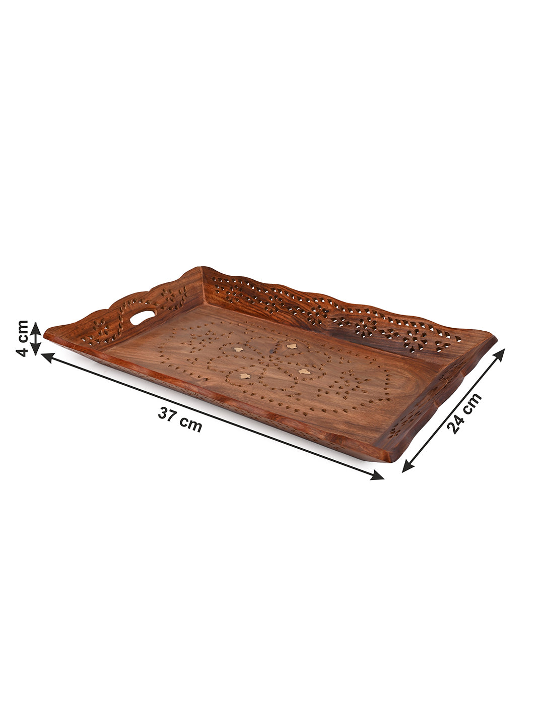 Sheesham wood jali carving tray with brass inlay work - 14x10 inches