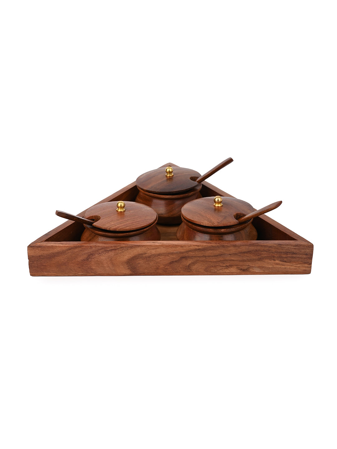 Sheesham Wood Serving Jar Set for Condiments, Snacks and Mukhwas with Spoons and Tray – Set of 3 jars