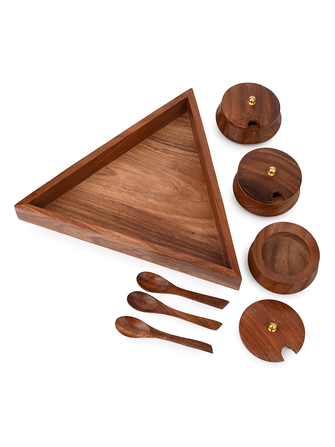Sheesham Wood Serving Jar Set for Condiments, Snacks and Mukhwas with Spoons and Tray – Set of 3 jars