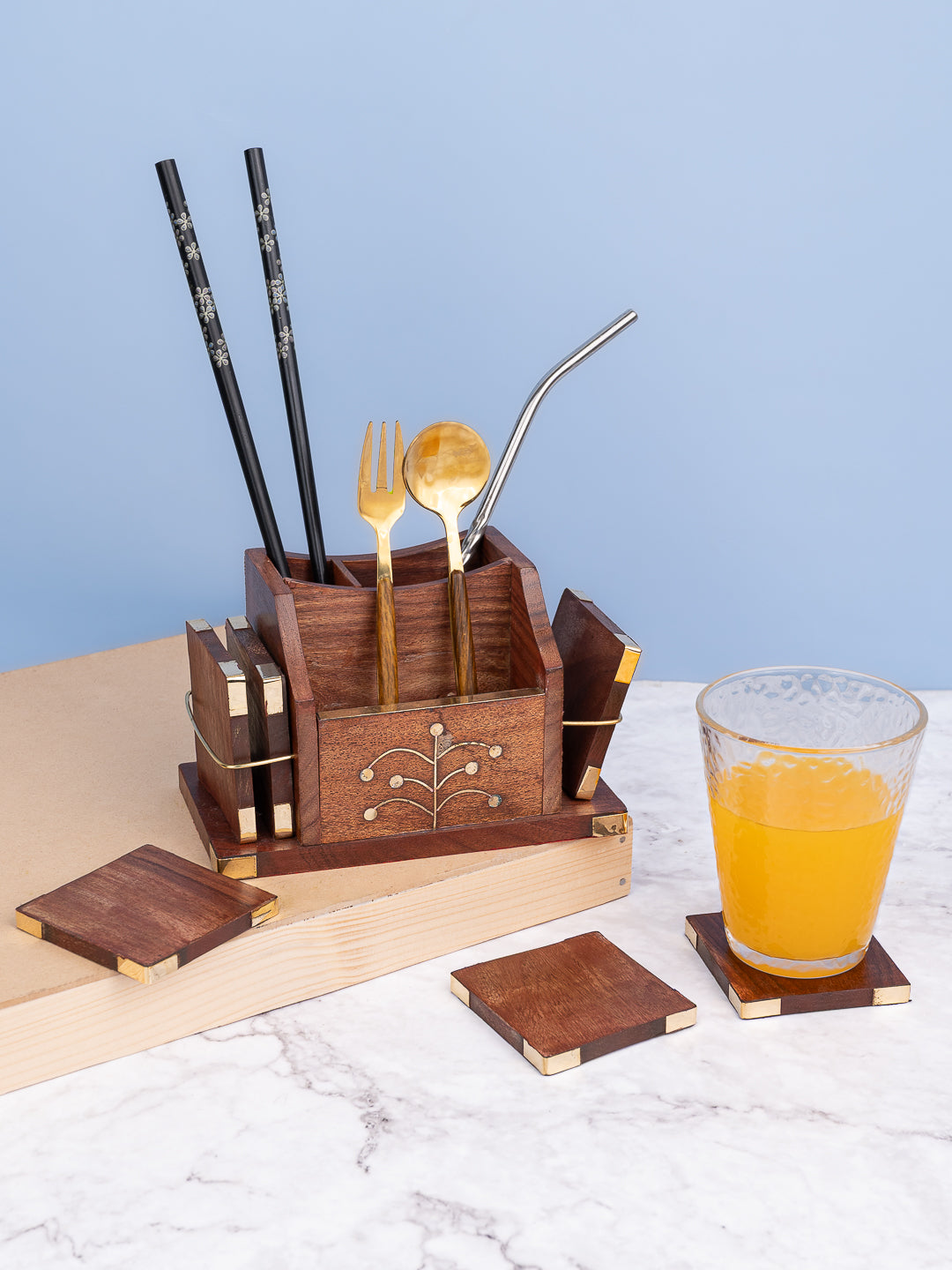 Sheesham wood and brass crafted cutlery holder with set of 6 coasters