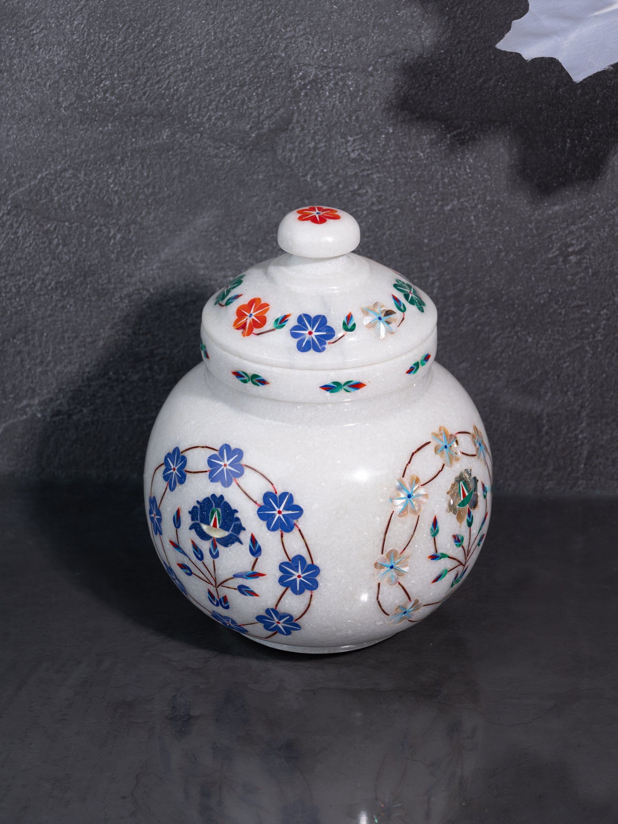 Solid Marble Crafted Vaastu Kalash with Lid and Colorful Inlay Work - 9 inches