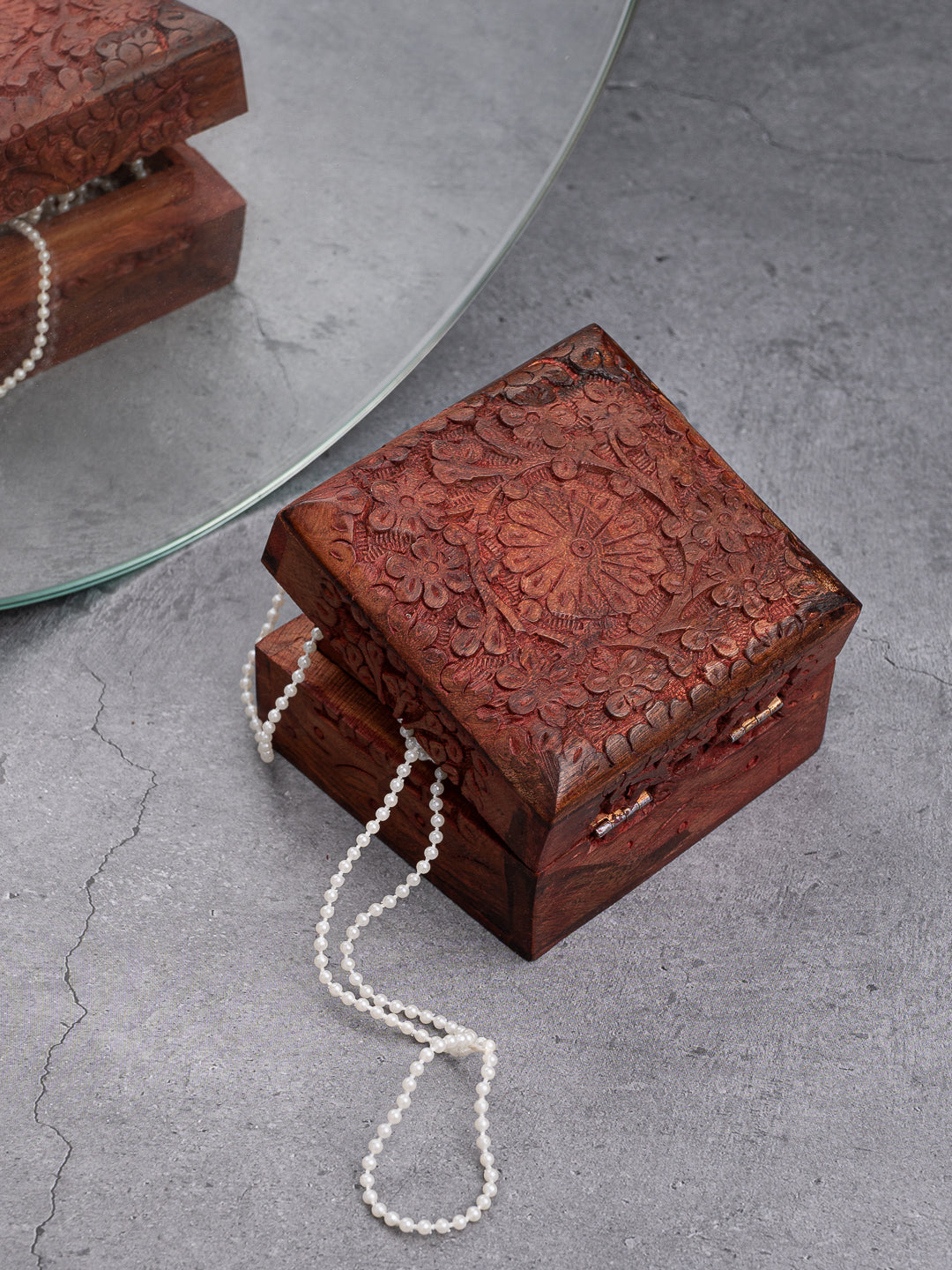 Sheesham wood jewellery box with intricate carving - 4x4 inches