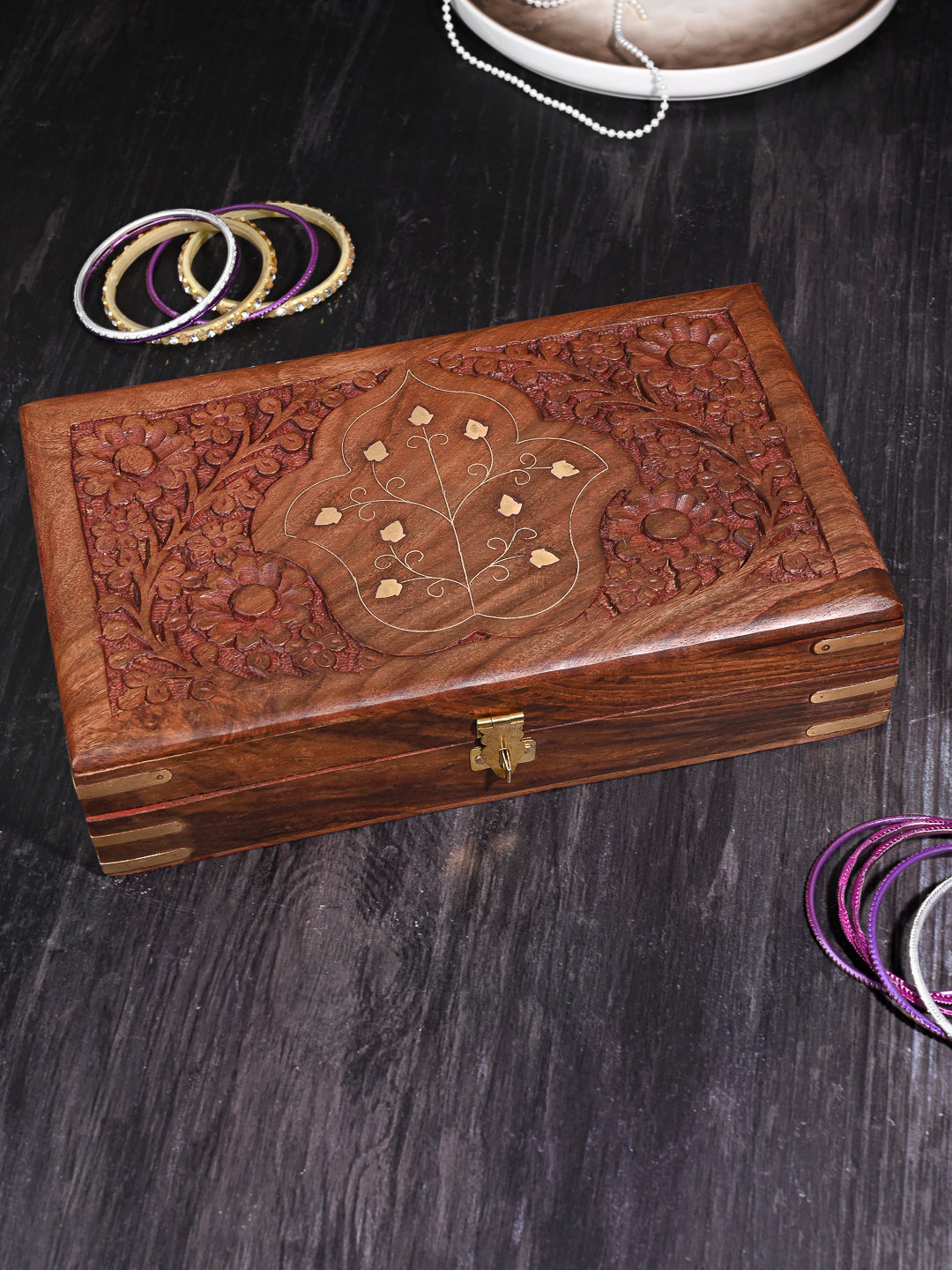 Sheesham wood storage box with intricate carving and brass work - 10x6 inches