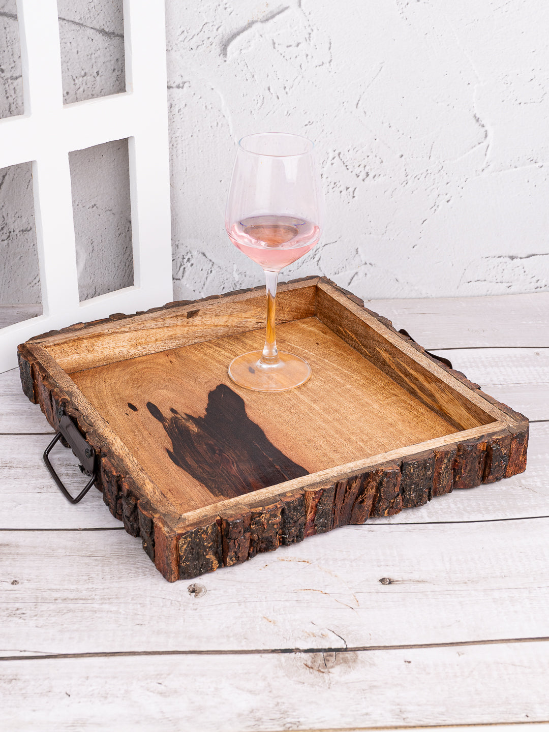 Mango wood crafted square wooden serving tray with natural bark edge - 12 inches
