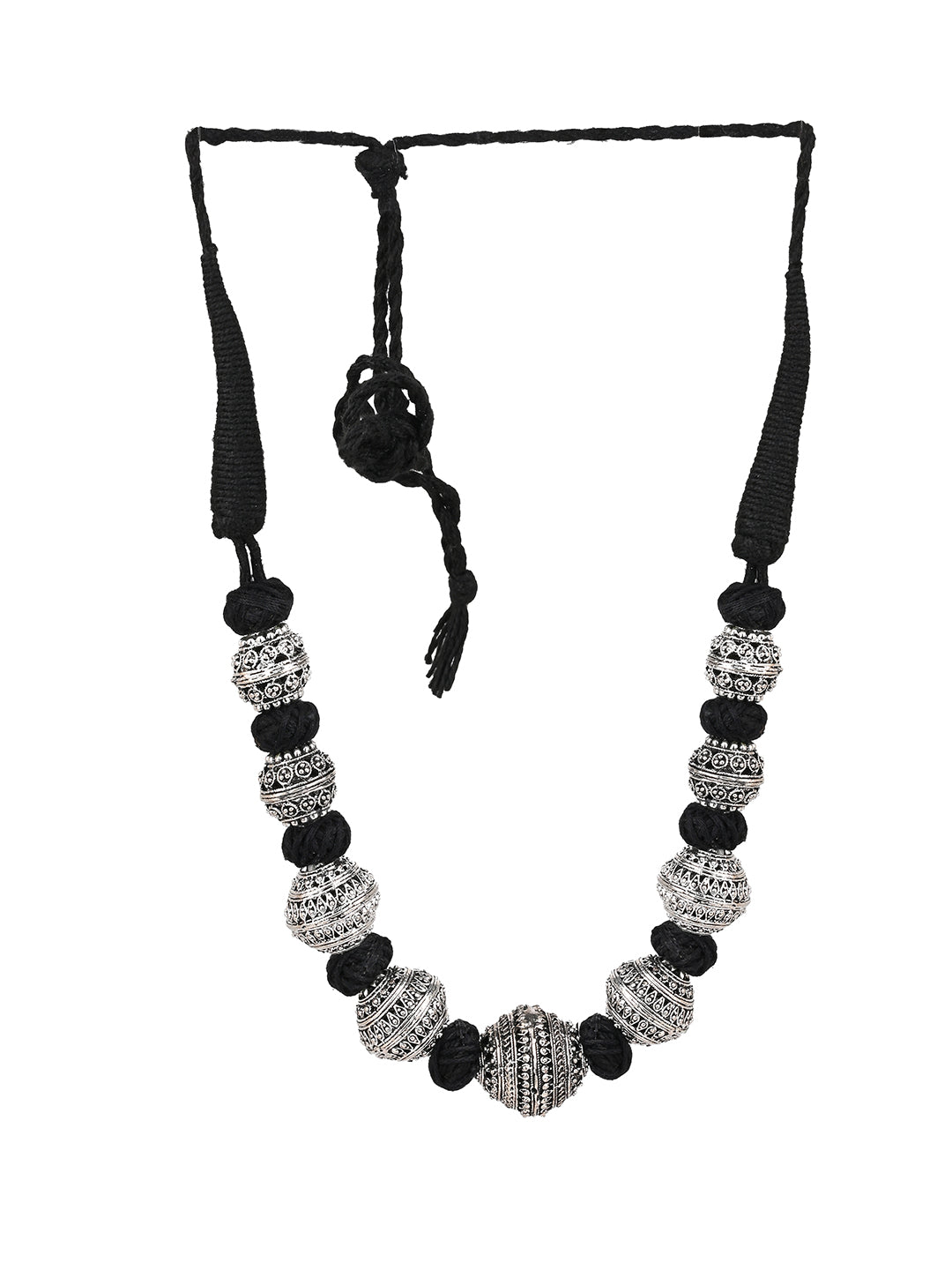 MAURYANA - Oxidised silver beaded necklace set with earrings - adjustable length