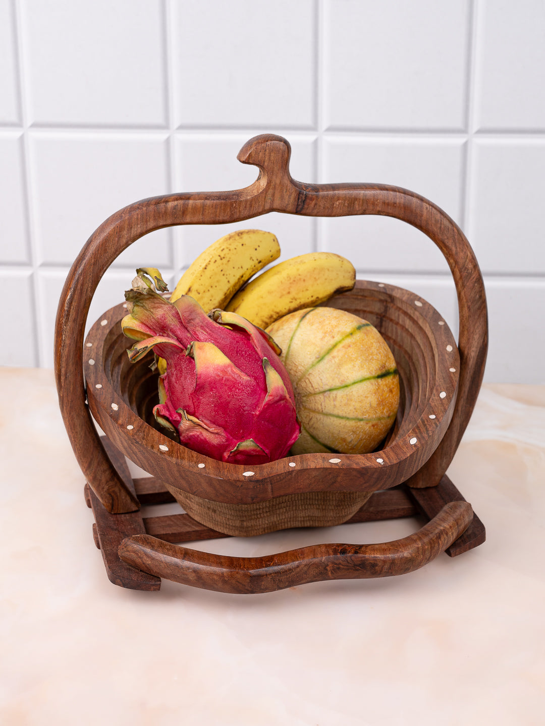 Sheesham wood collapsible basket in apple shape - 12 inches