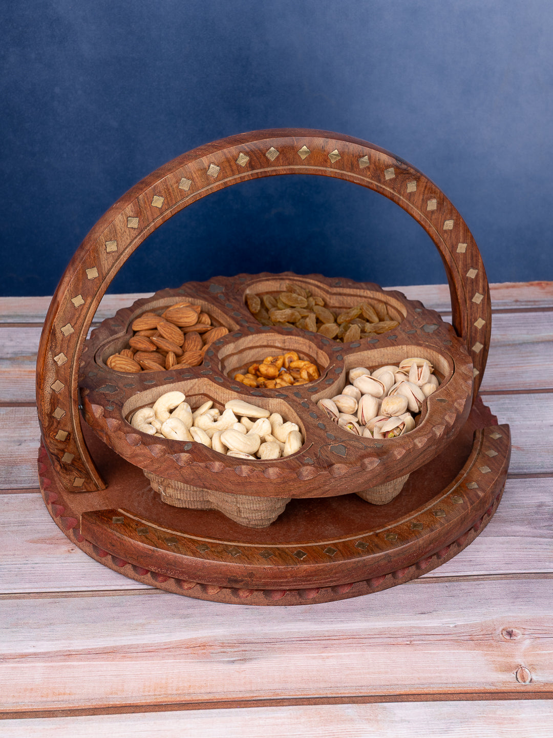 Sheesham wood foldable serving basket for dry fruits and snacks - 12 inches