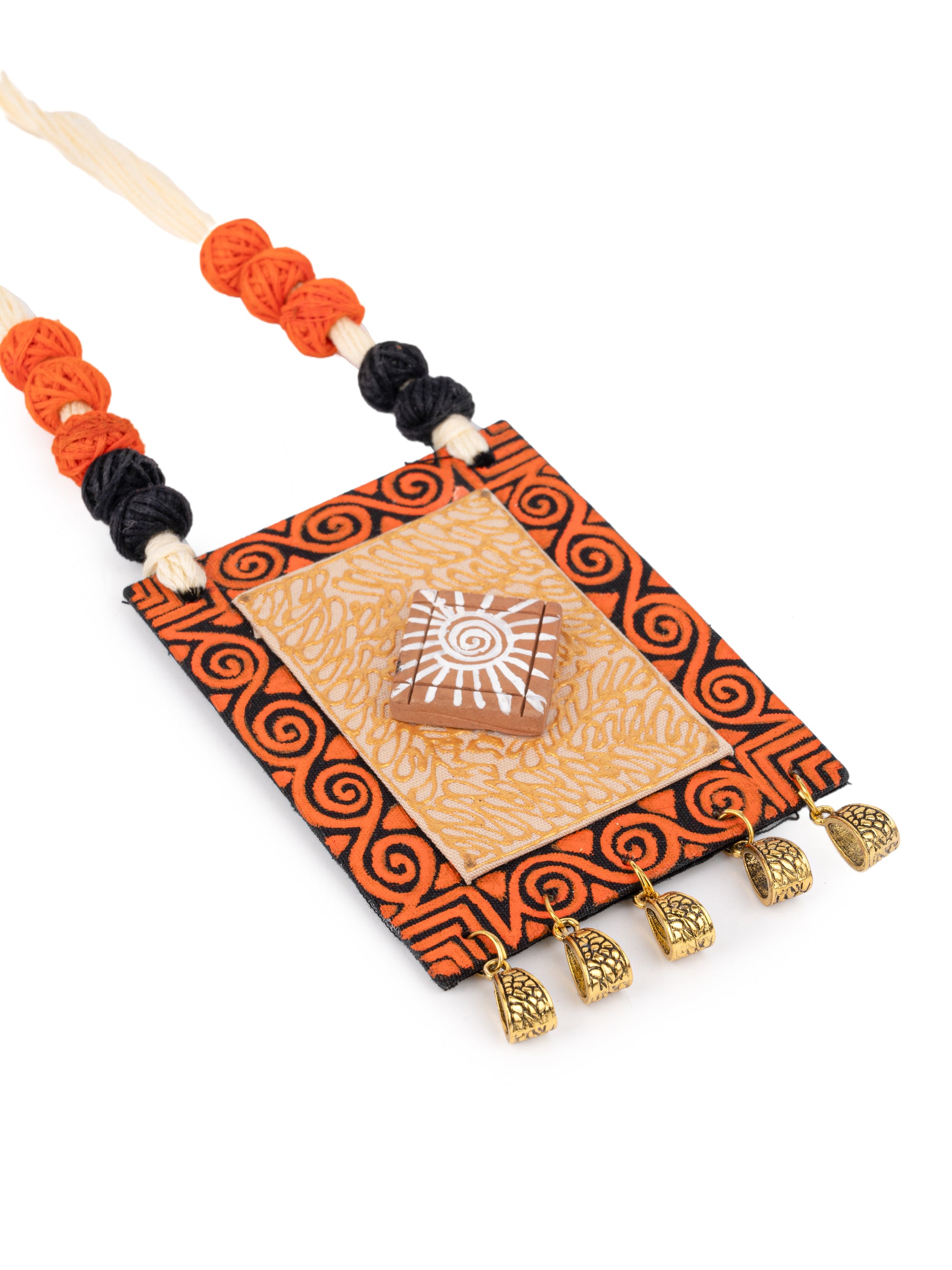 MAURYANA - Fabric and terracotta art necklace set with earrings - adjustable length