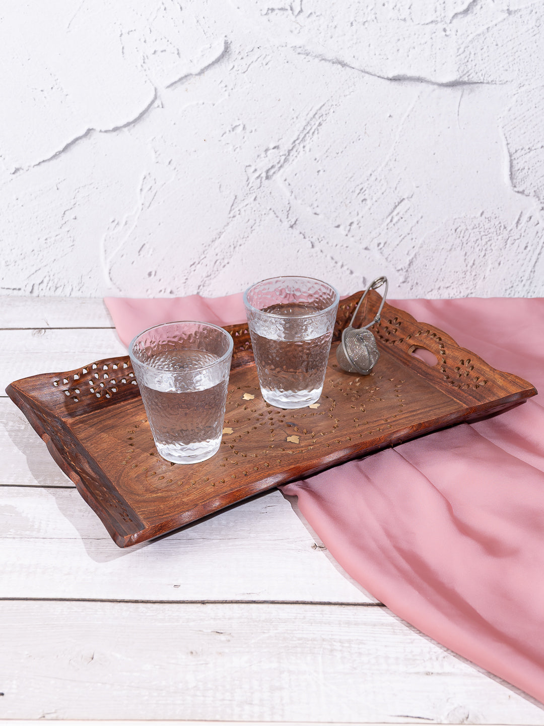 Sheesham wood jali carving tray with brass inlay work - 14x10 inches