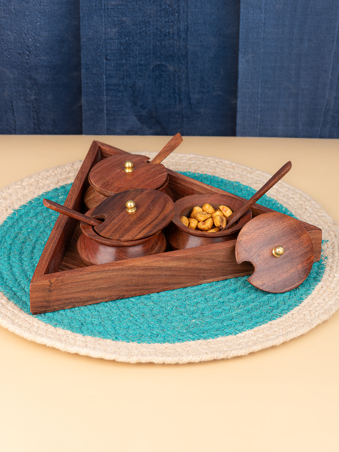 Sheesham Wood Serving Jar Set for Condiments, Snacks and Mukhwas with Spoons and Tray – Set of 3 jars