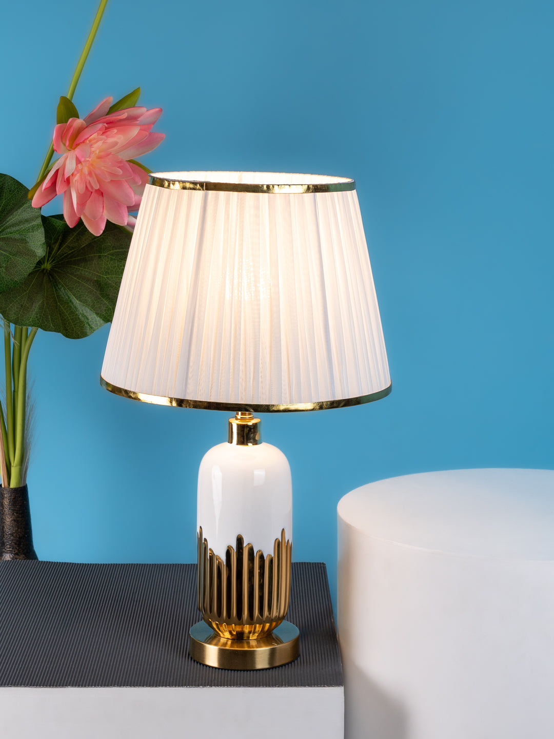 Pure white with a semi golden base classy table lamp / bedside lamp