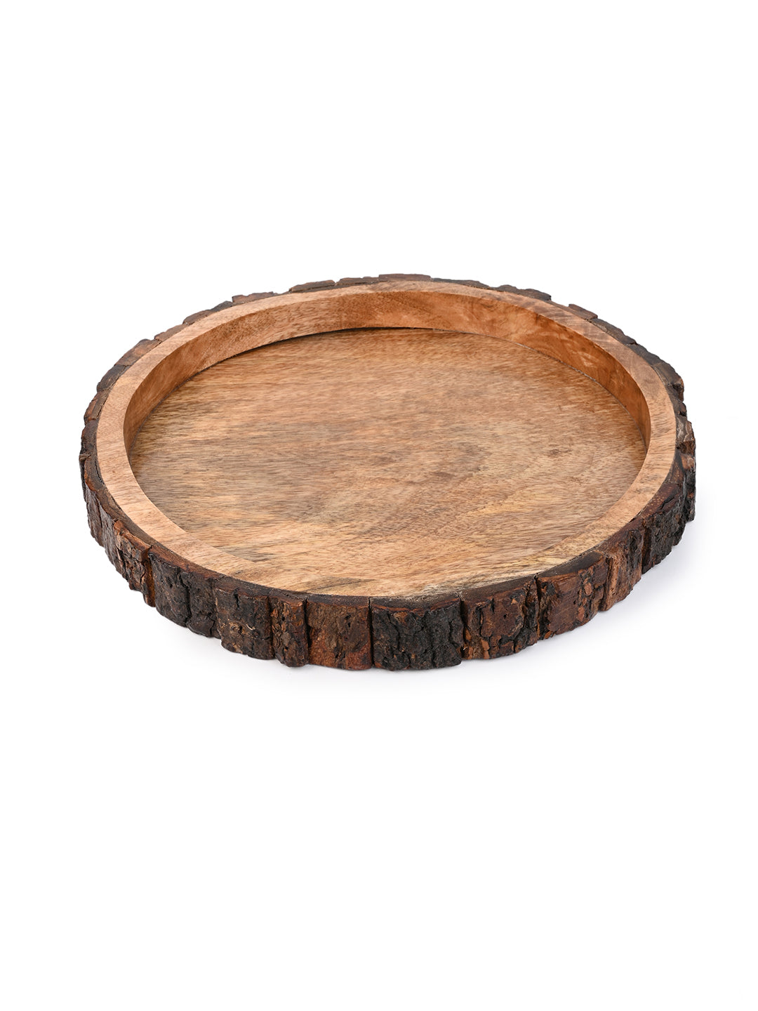 Mango wood crafted round wooden serving tray with natural bark edge - 12 inches