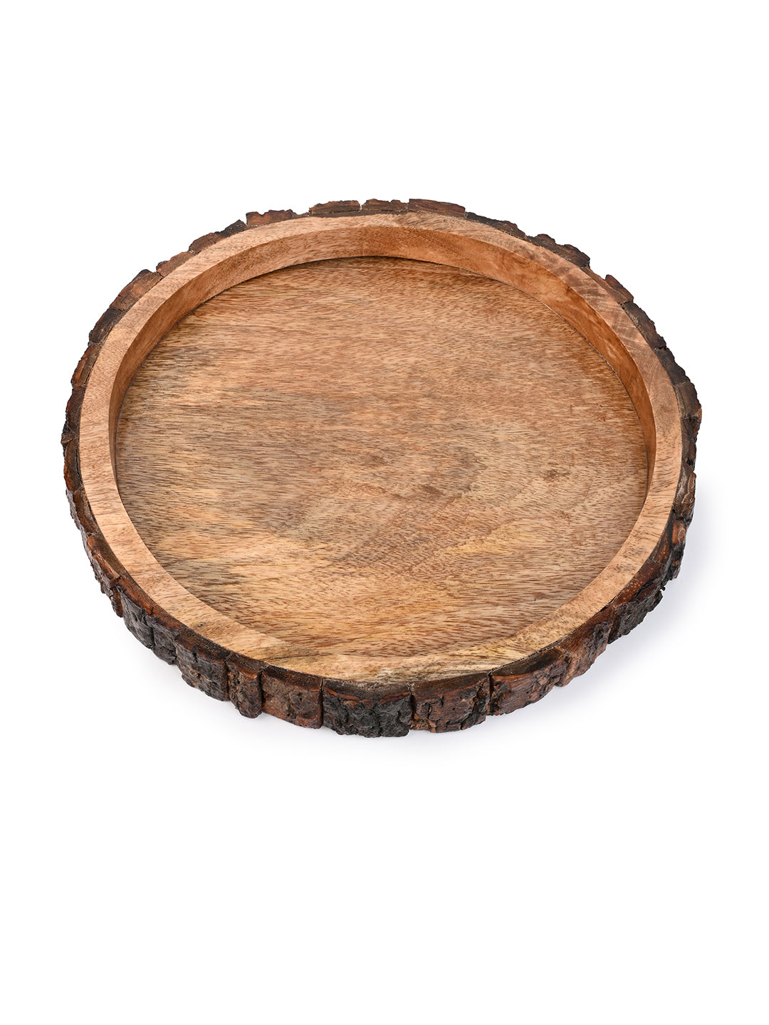 Mango wood crafted round wooden serving tray with natural bark edge - 12 inches