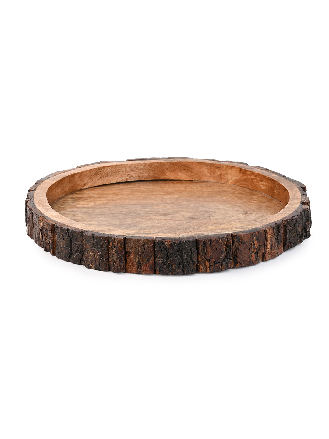 Mango wood crafted round wooden serving tray with natural bark edge - 12 inches