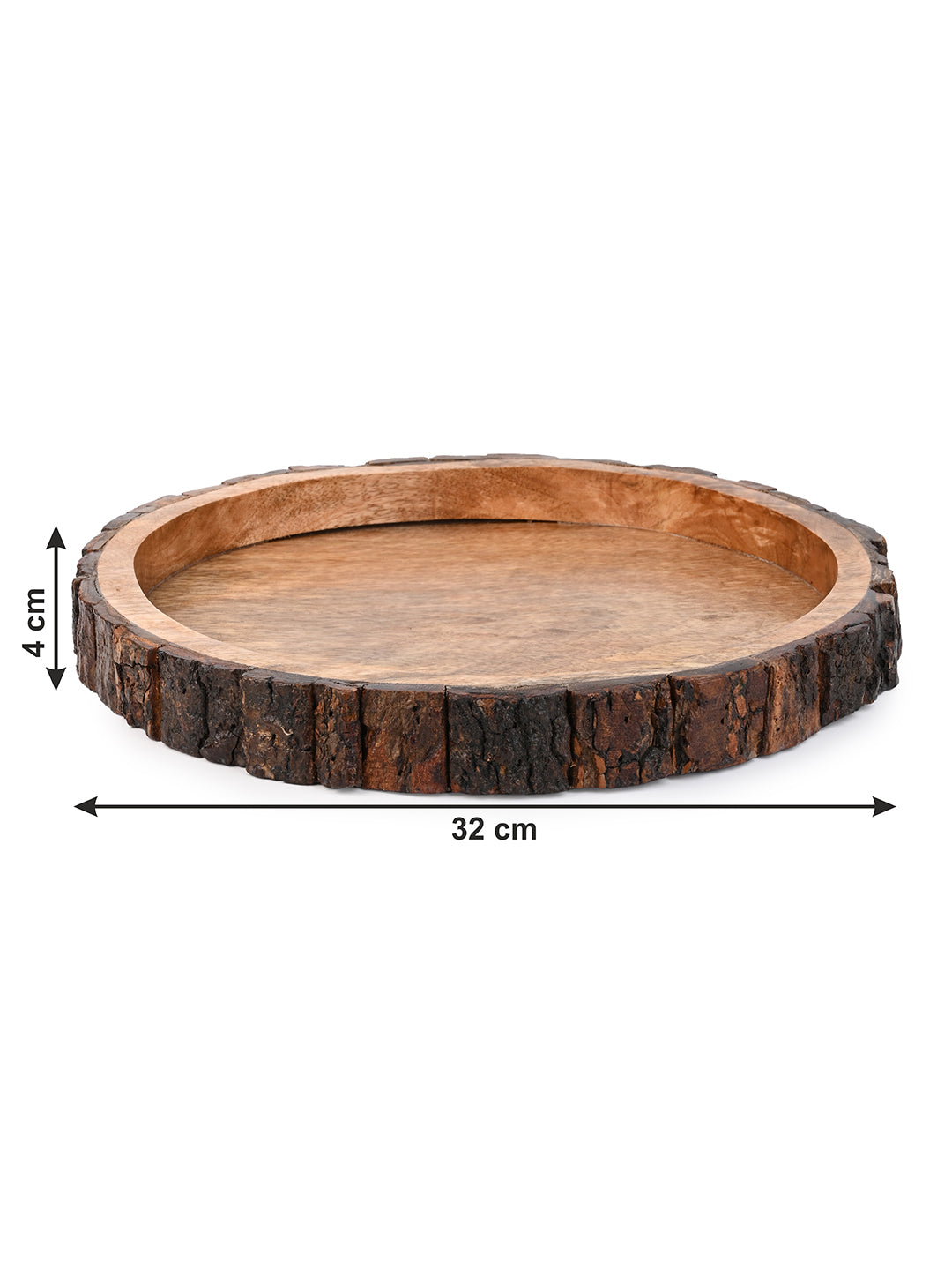Mango wood crafted round wooden serving tray with natural bark edge - 12 inches