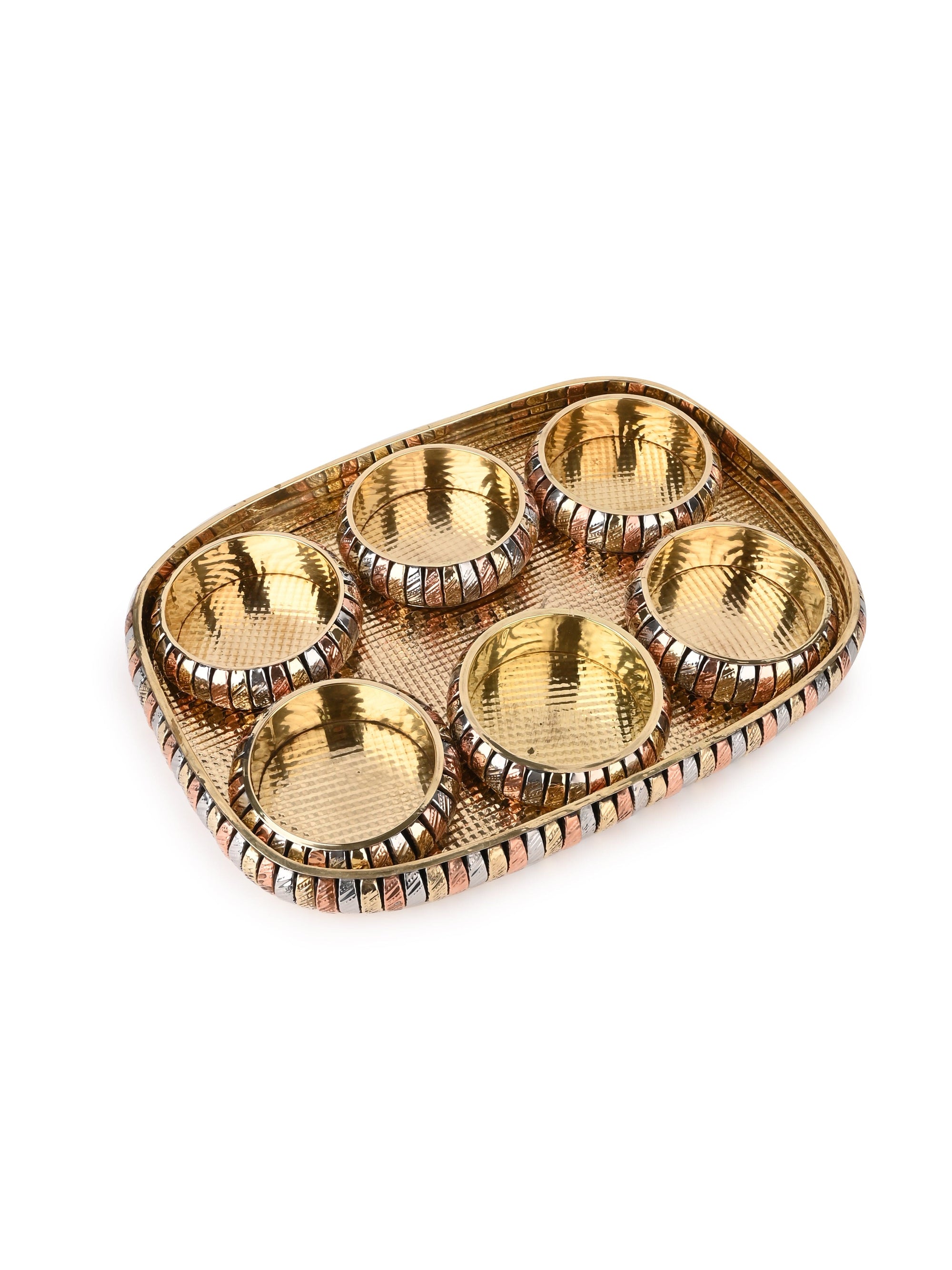 Rectangle Tray with 6 round bowls for serving dry fruits, Copper and Brass crafted