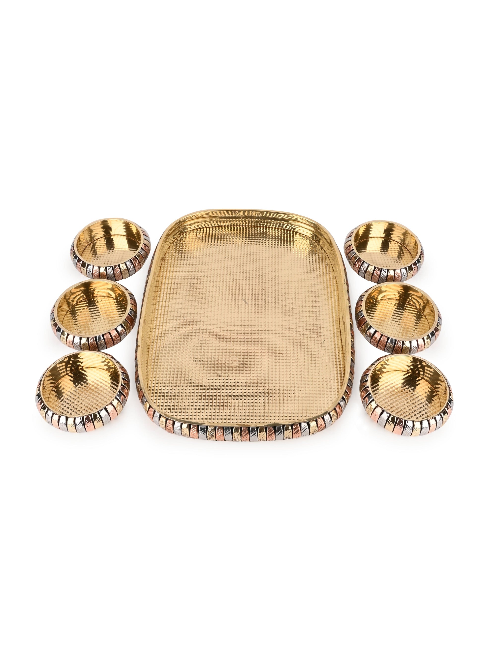 Rectangle Tray with 6 round bowls for serving dry fruits, Copper and Brass crafted