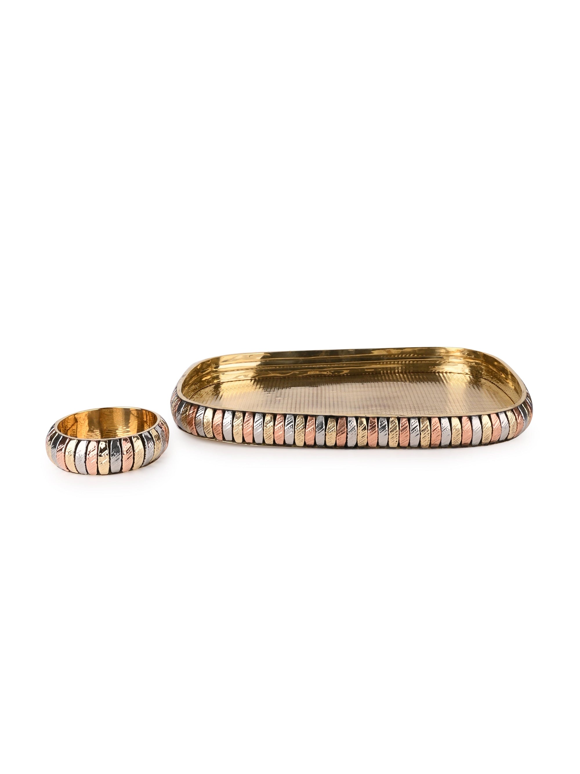 Rectangle Tray with 6 round bowls for serving dry fruits, Copper and Brass crafted