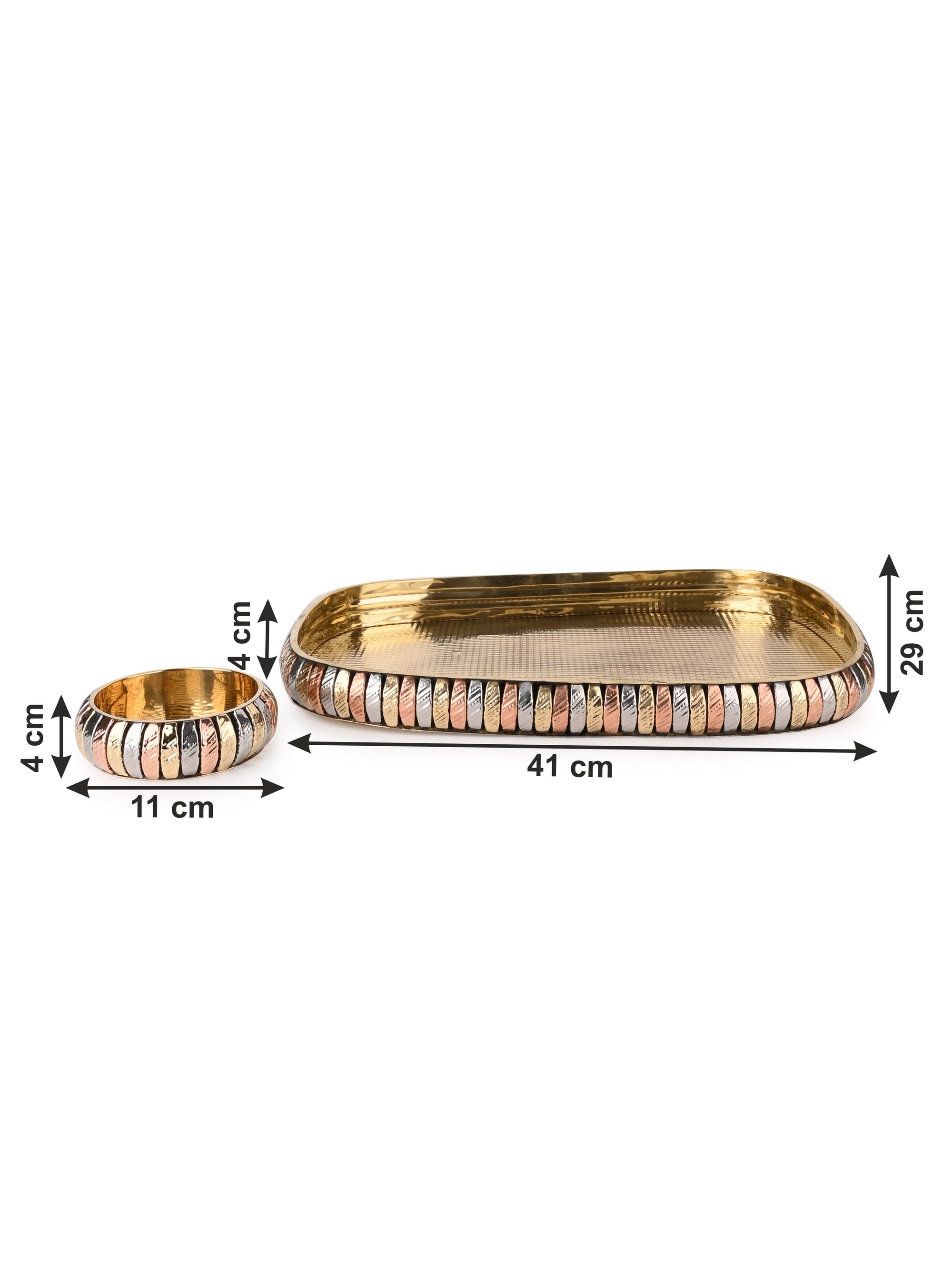 Rectangle Tray with 6 round bowls for serving dry fruits, Copper and Brass crafted