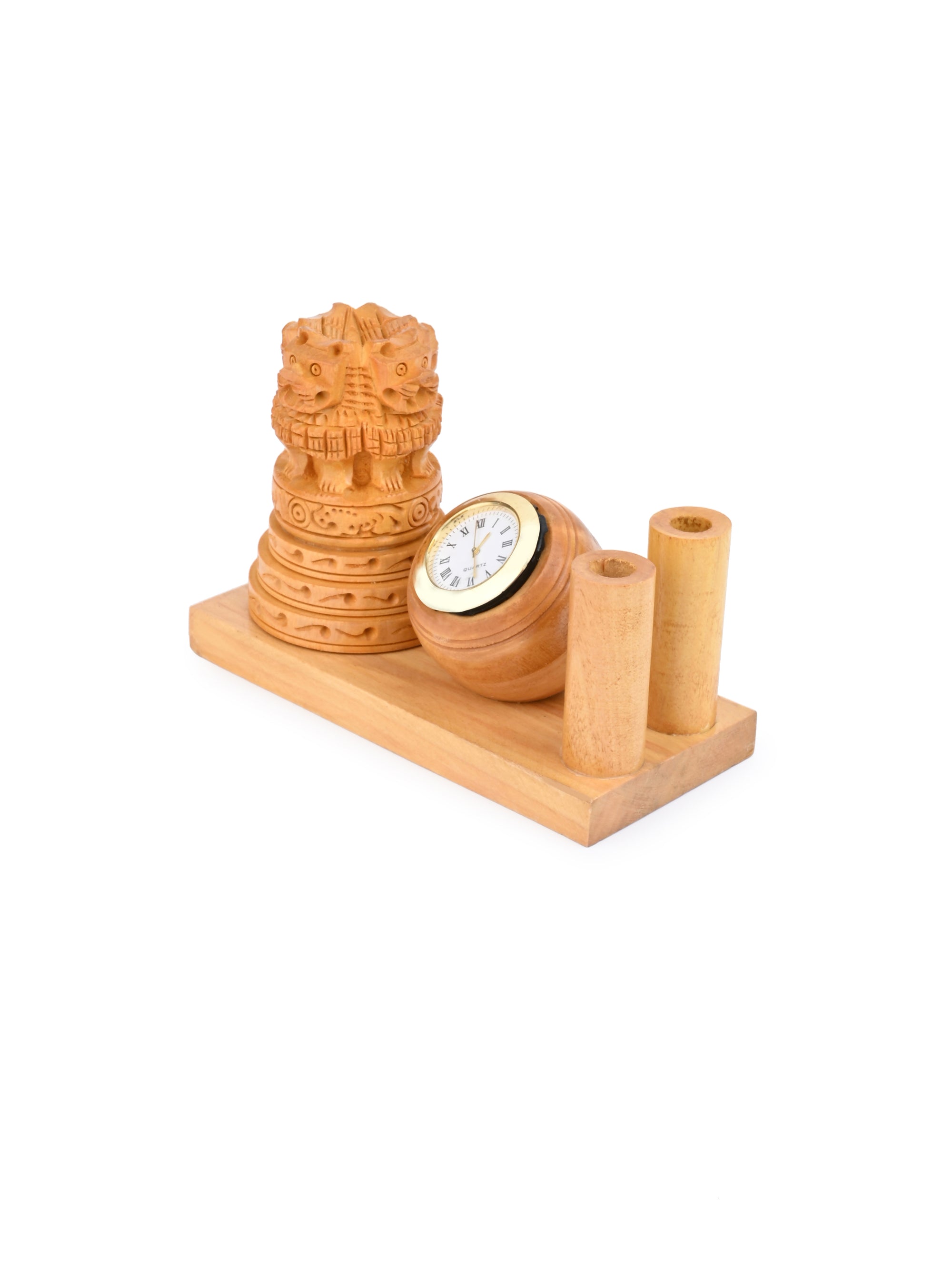 Kadam Wood Carved Ashoka Pen Holder with Round Clock