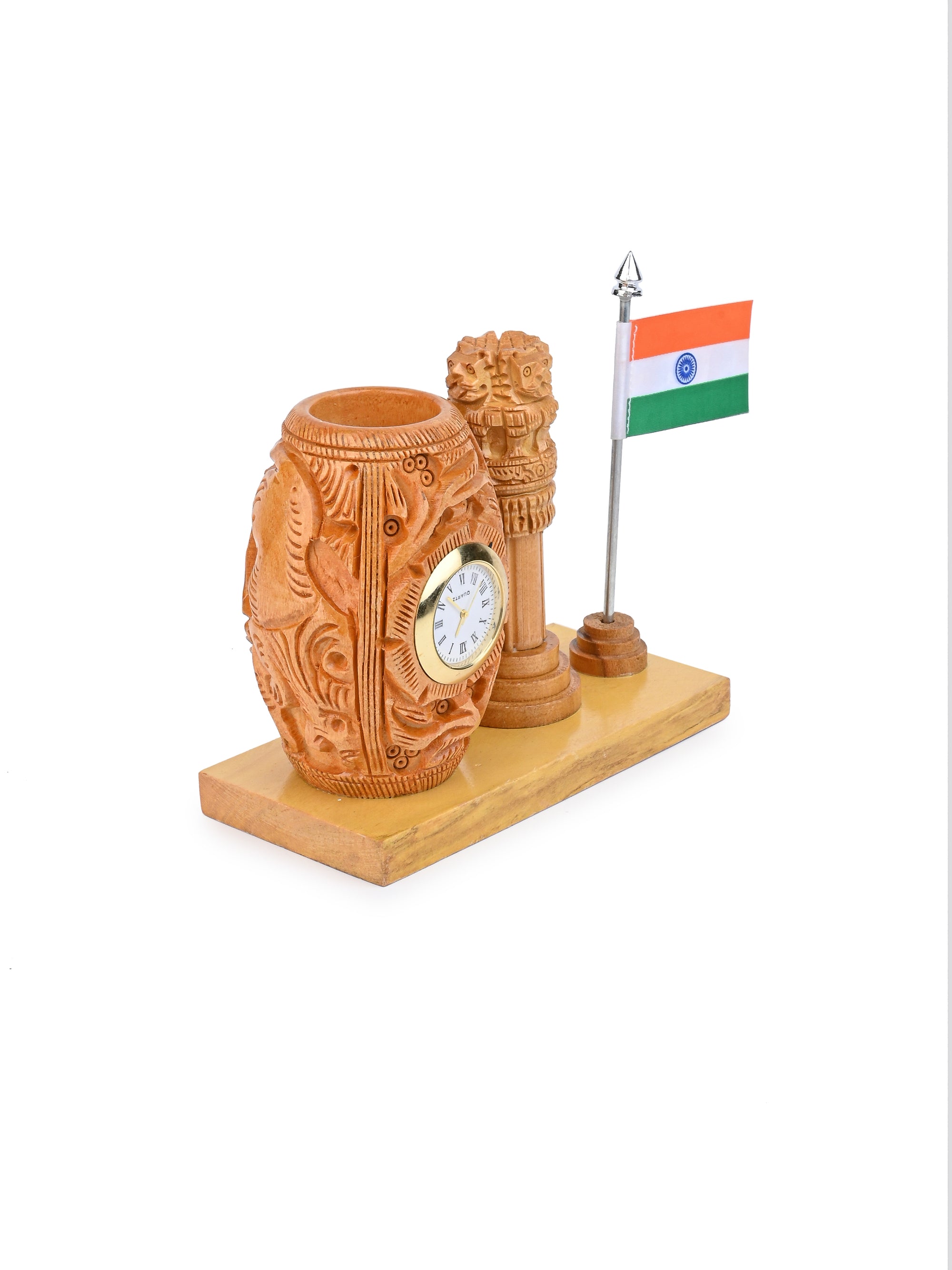 Ashoka Pillar Pen Holder with Indian National Flag crafted from Kadam wood