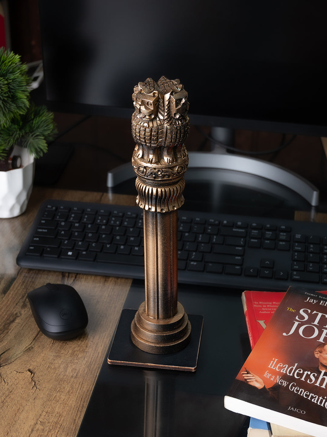 Wood crafted Ashoka Pillar in metallic Gold color - 12 inches height