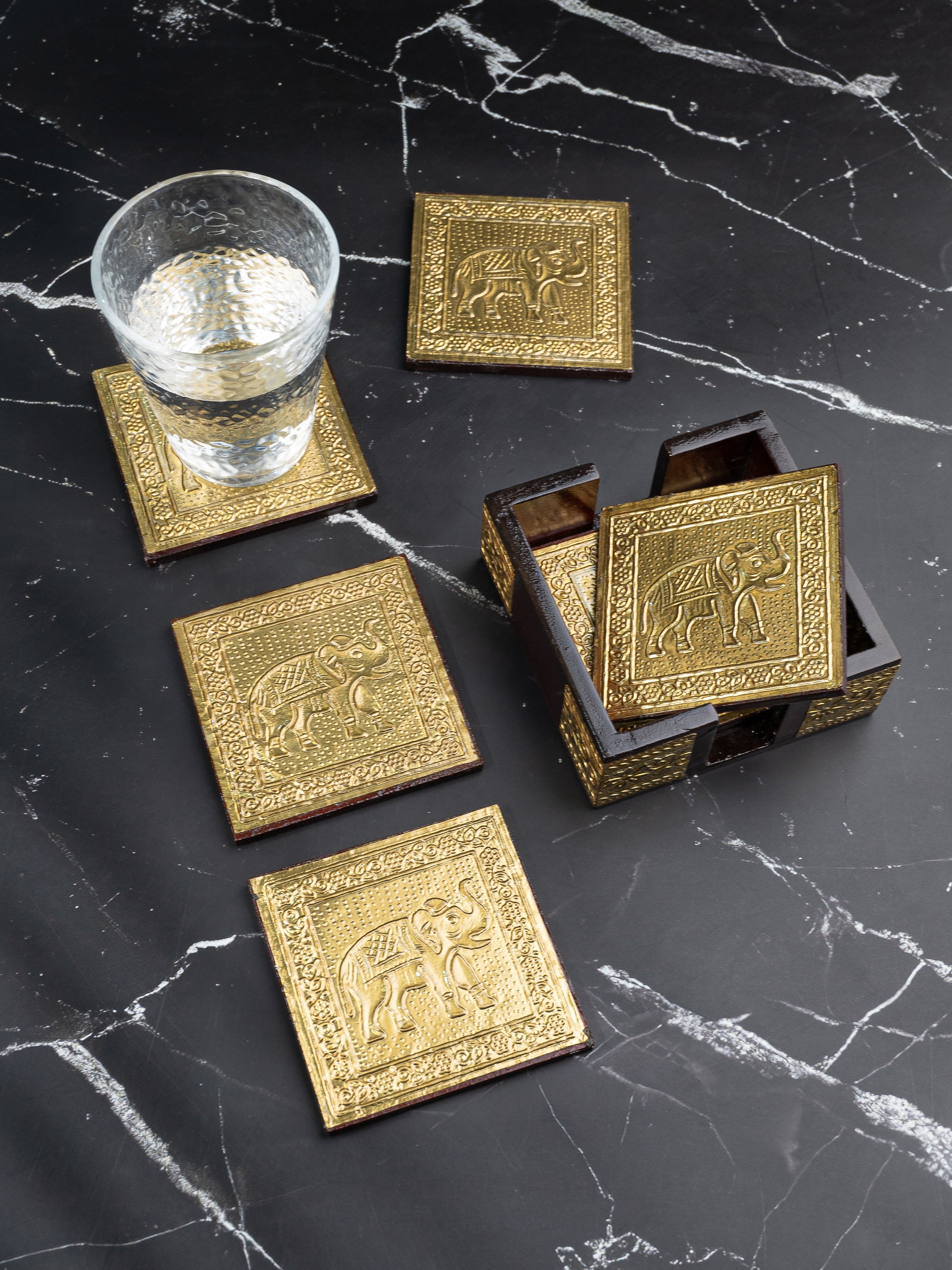 Gift set of Mobile Stand and 6 pieces Coaster set in Gold finish