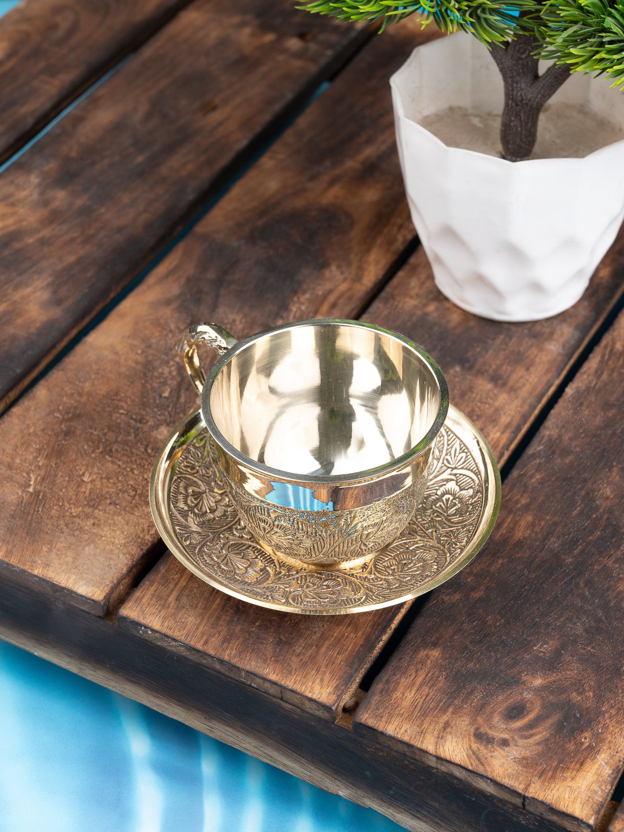 Brass Engraved Cup and Saucer set for serving Tea / Coffee