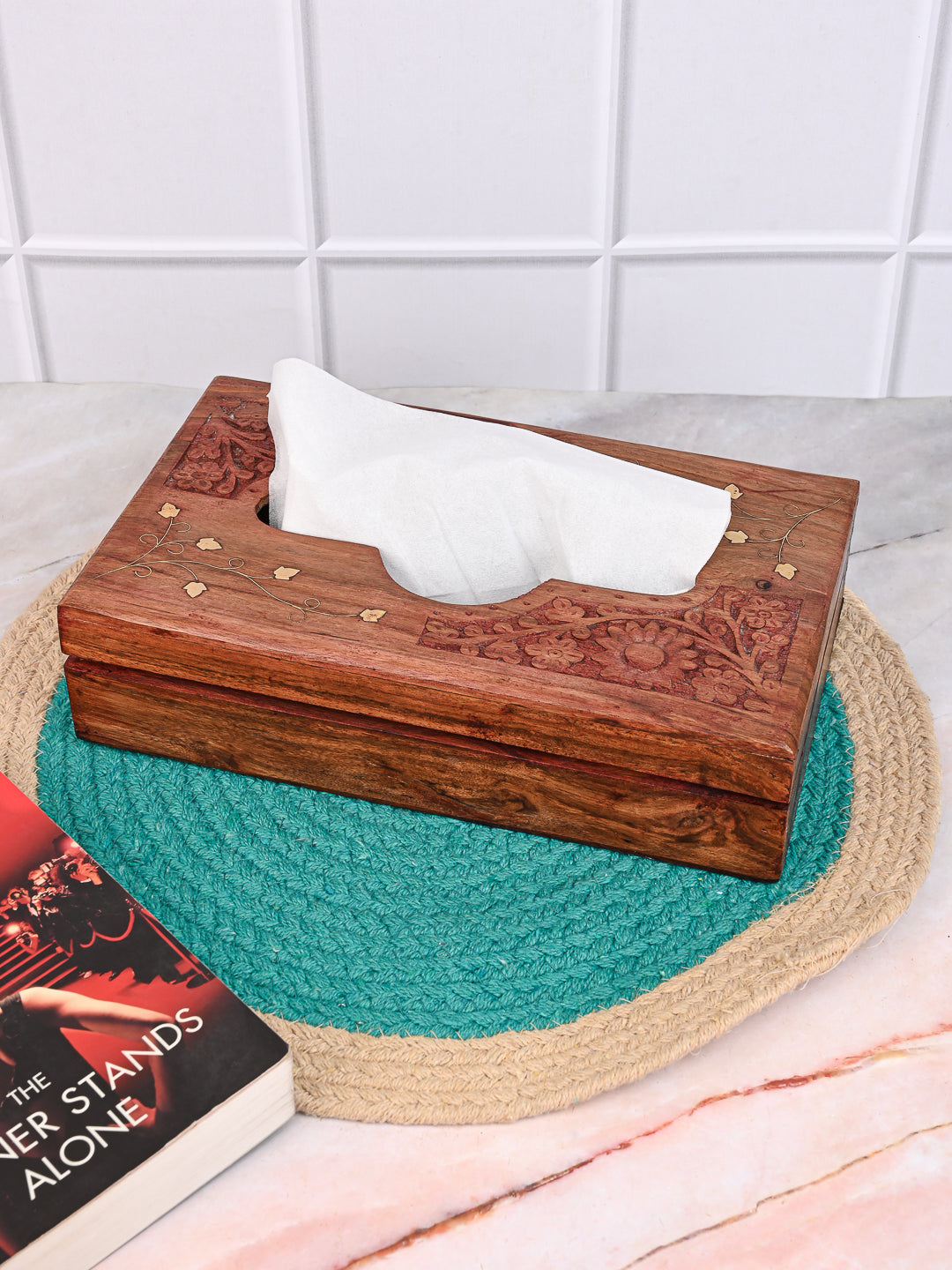 Sheesham wood carved tissue box with brass inlay work - 10x6 inches