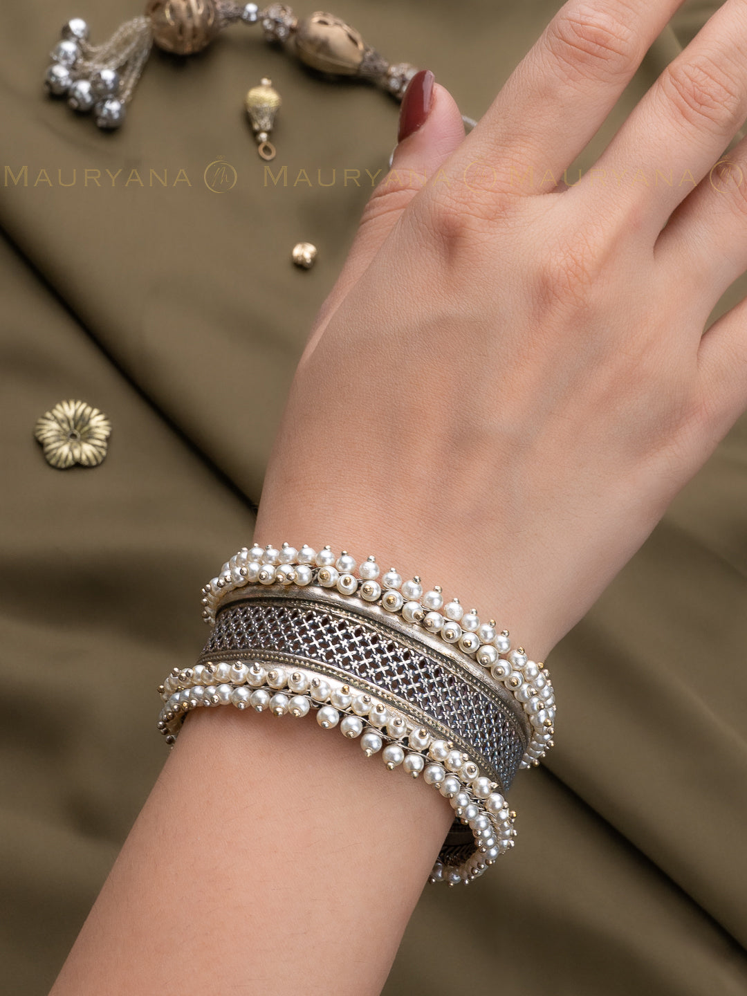 MAURYANA - Oxidised silver open end bangle with white bead decoration