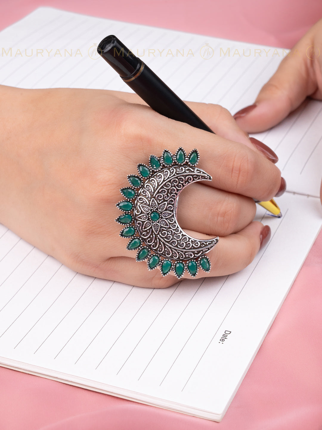 MAURYANA - Oxidised silver half moon stone studded ring - adjustable size