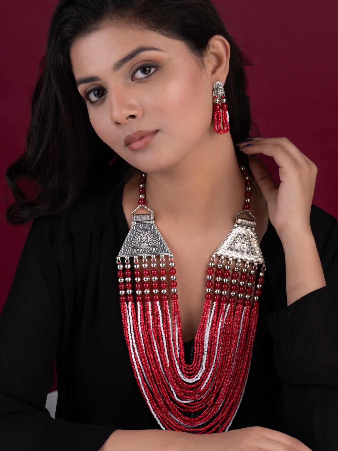 MAURYANA - Red color heavy beadwork necklace set with earrings - adjustable length