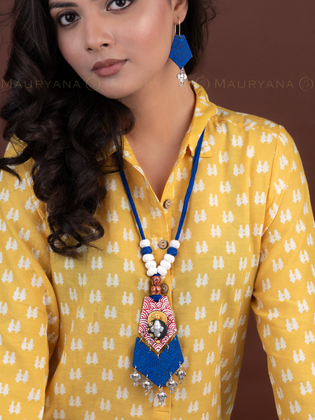 MAURYANA - Fabric crafted long pendent with Ganesha necklace set with earrings - adjustable length