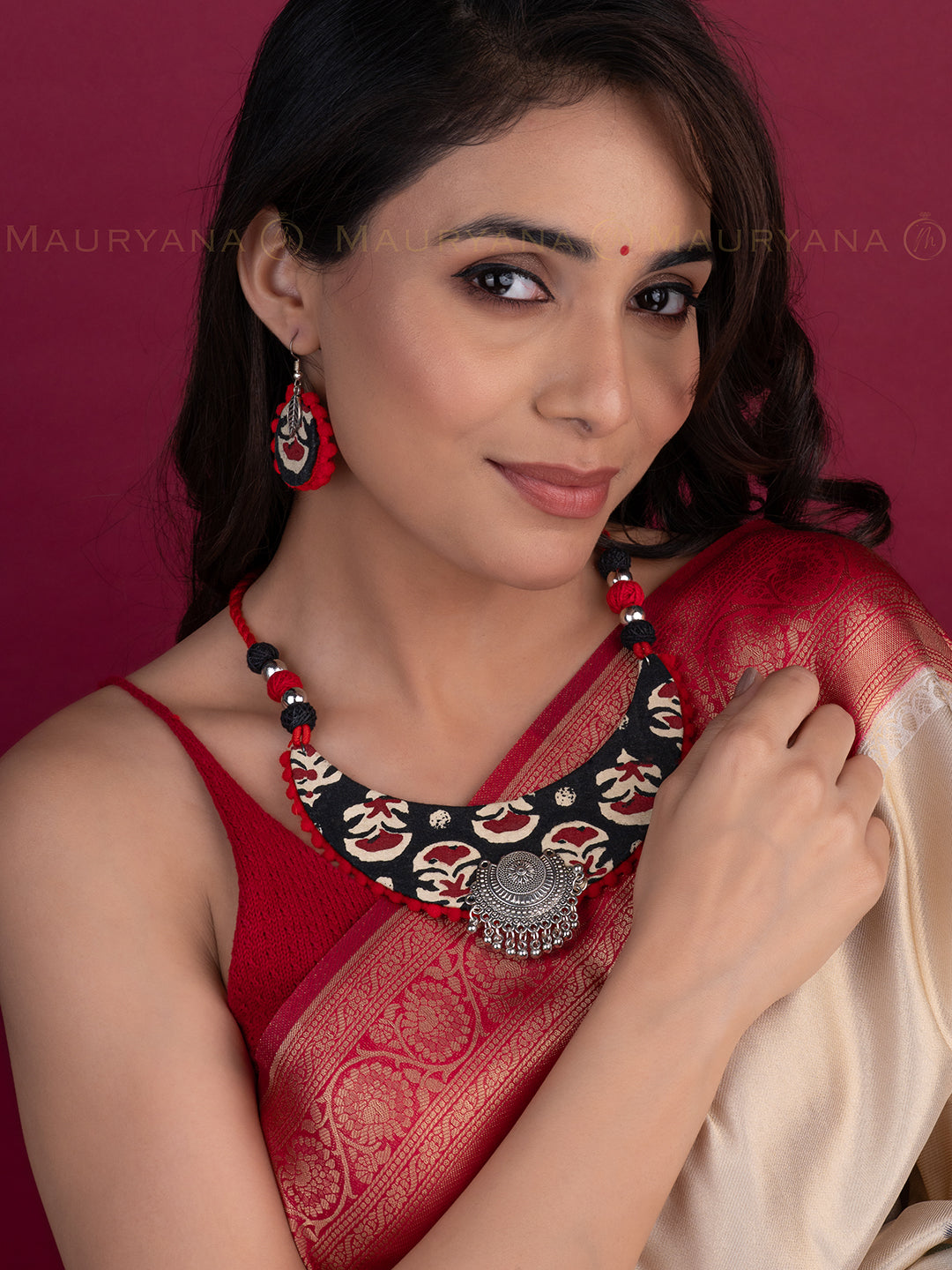 MAURYANA - Red and black fabric crafted half moon shaped necklace set with earrings - adjustable length