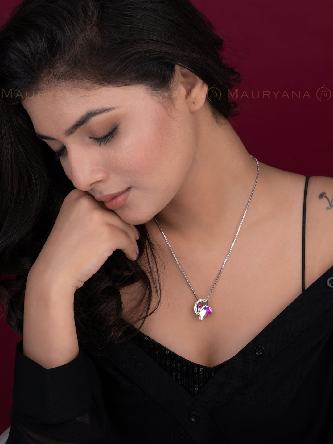 MAURYANA - Rhinestone Heart Shaped Pendant Necklace - Available in 3 colors options