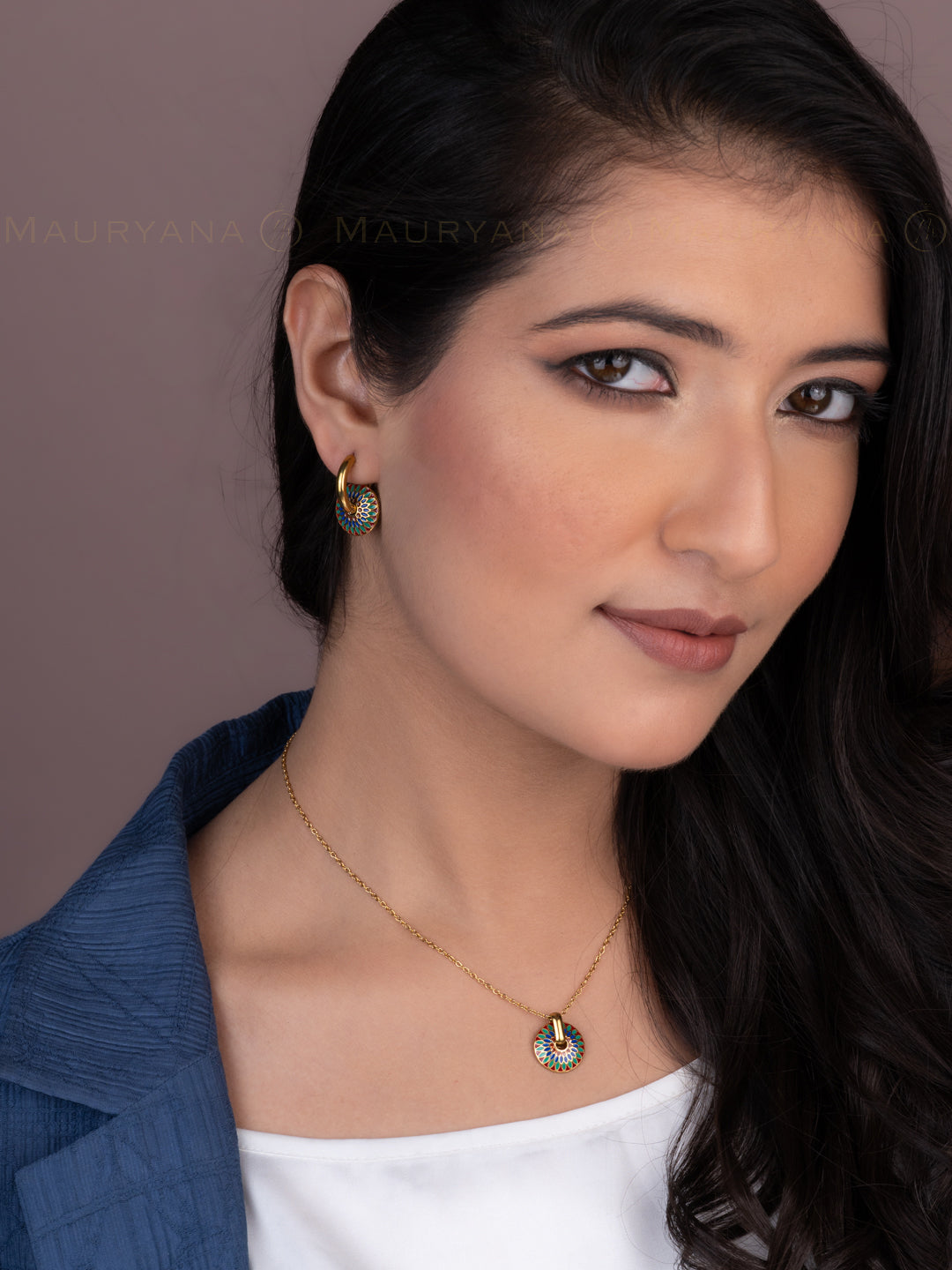 MAURYANA - Stainless Steel 18k Gold Plated Multicolor Flower Design Pendant Necklace set with Earrings
