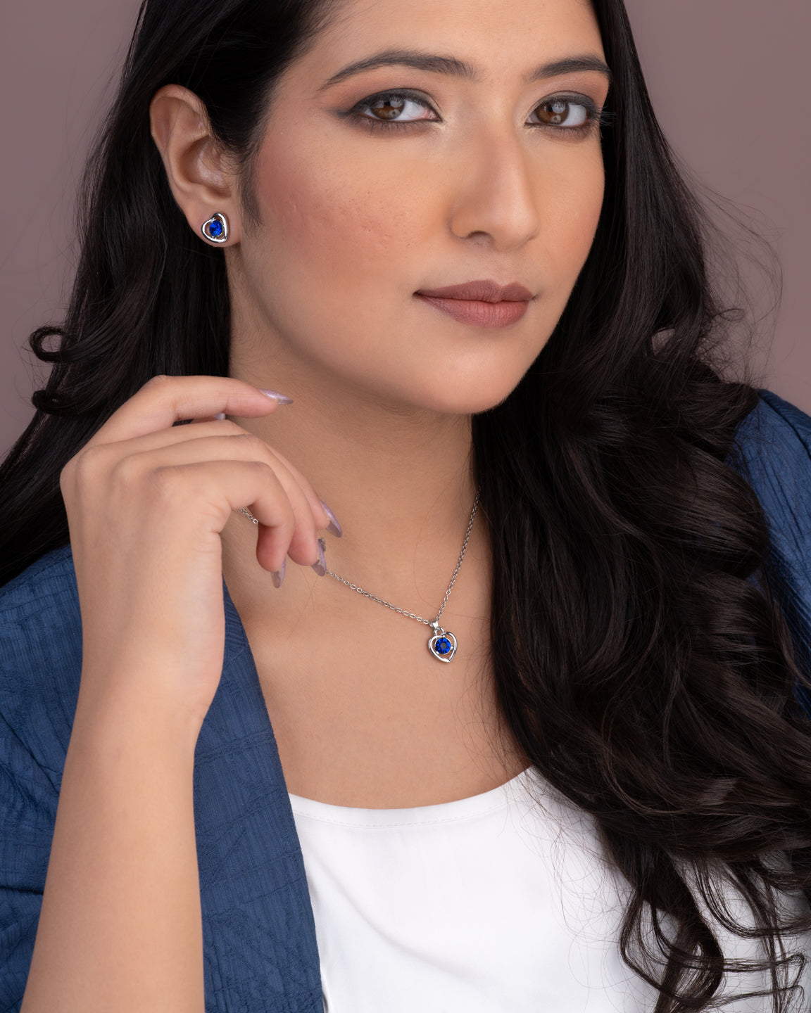 MAURYANA - Alloy Metal and Artificial Gemstone Heart Pendant Necklace set with Earrings - Available in Blue and Green Colors