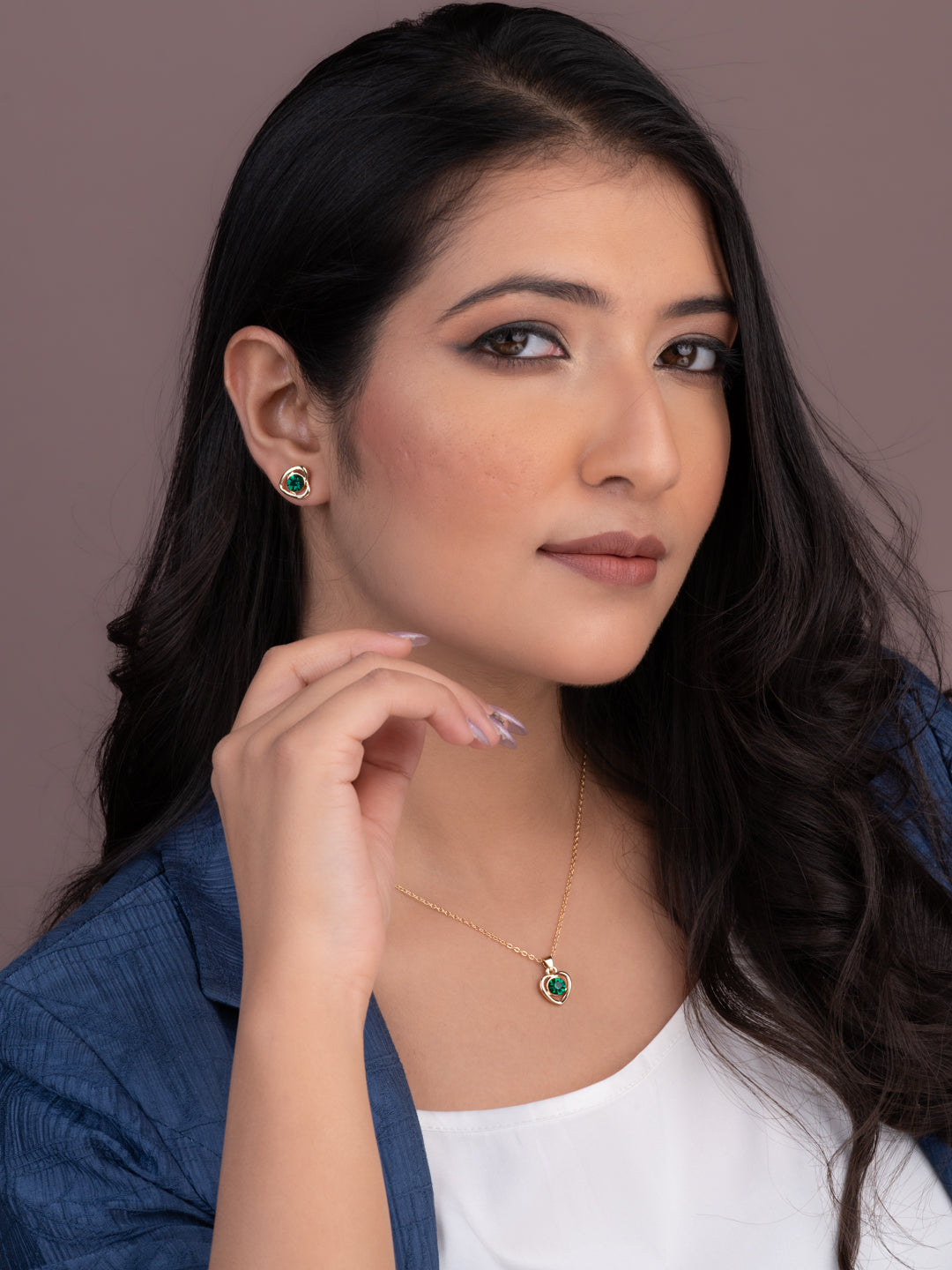 MAURYANA - Alloy Metal and Artificial Gemstone Heart Pendant Necklace set with Earrings - Available in Blue and Green Colors
