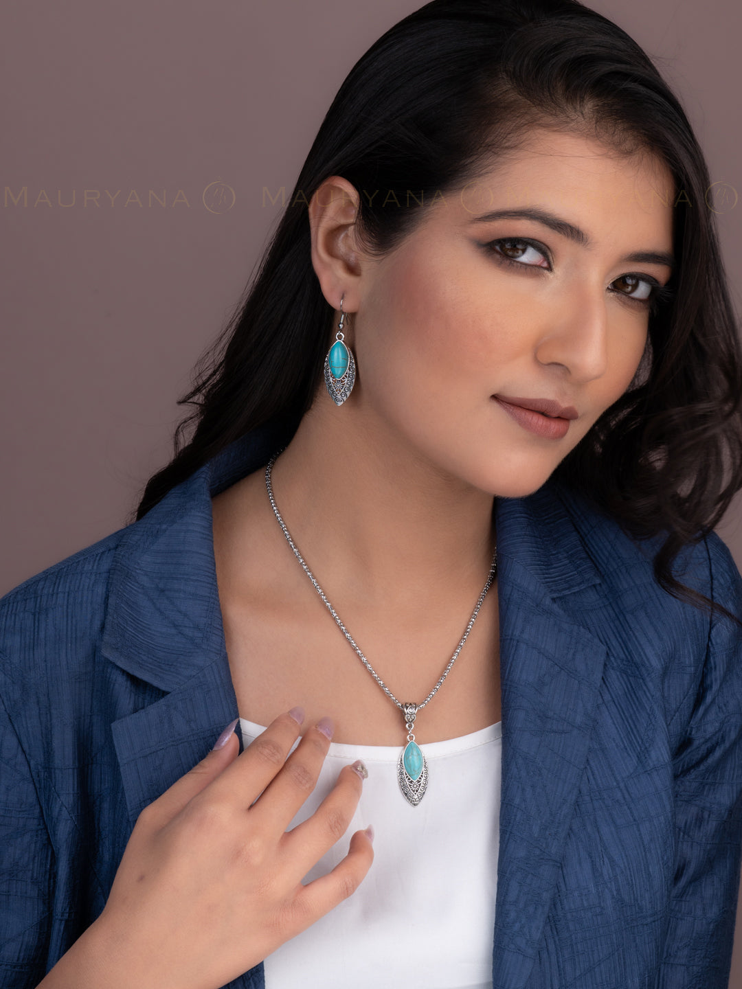MAURYANA - Alloy Metal and Turquoise Pendant Necklace Set with Earrings