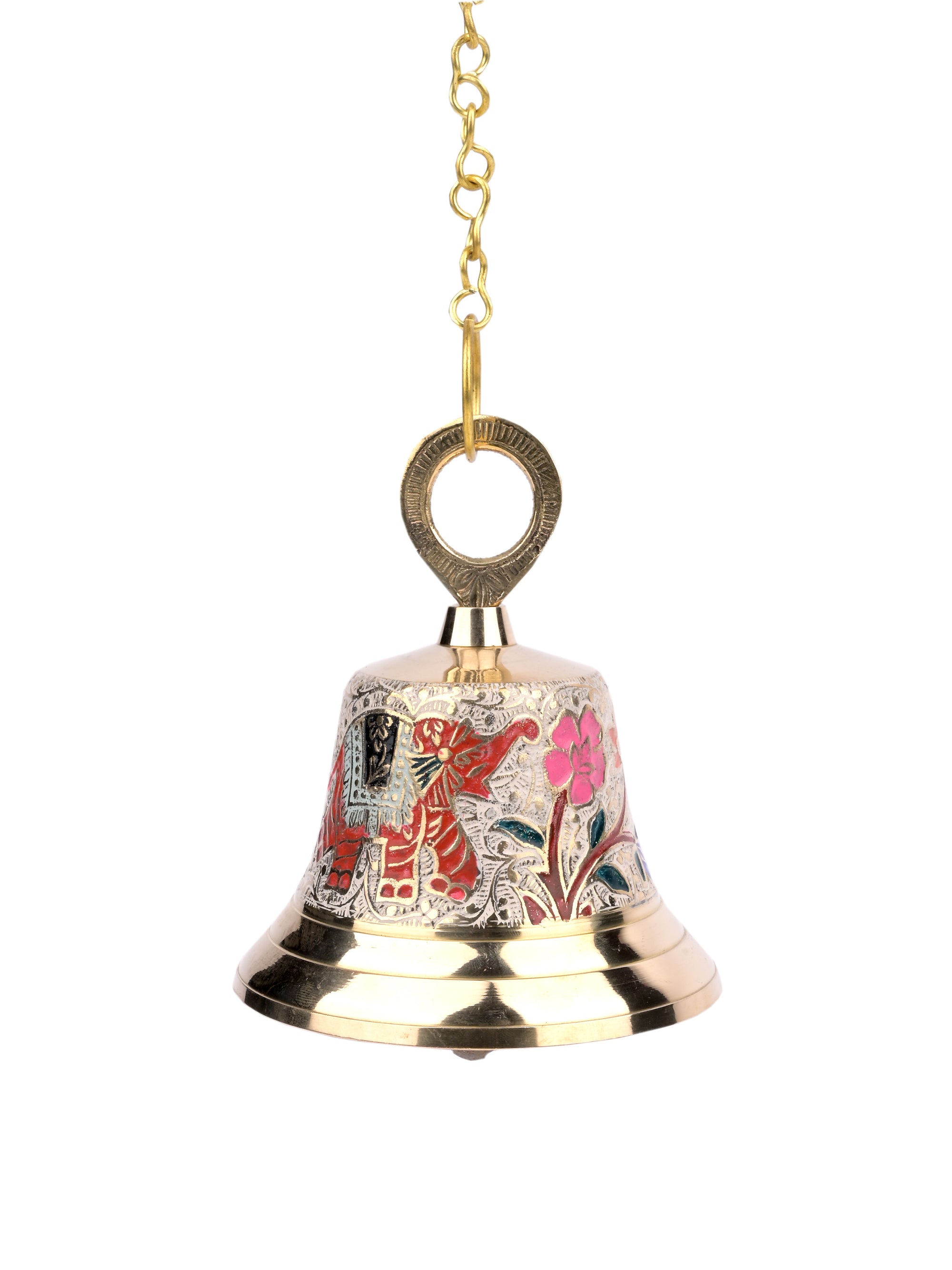 Hand crafted Colorful Brass Temple Bell with chain for Puja room - The Heritage Artifacts