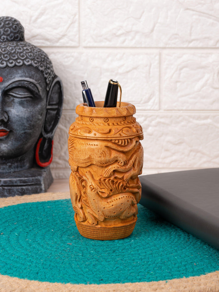 Kadam Wood Handcrafted Pen / Pencil Holder - 5 inches height - The Heritage Artifacts
