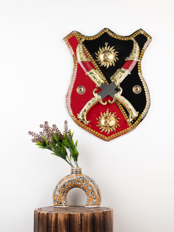 18" Wall Decor Rajput Dhal Talwar / Shield and Knife Set - Red and Black - The Heritage Artifacts